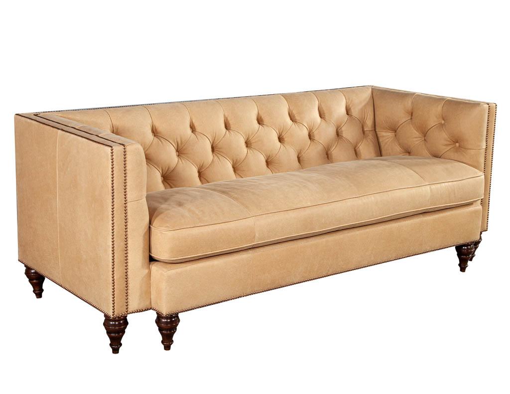 Contemporary American Tufted Tan Leather Sofa