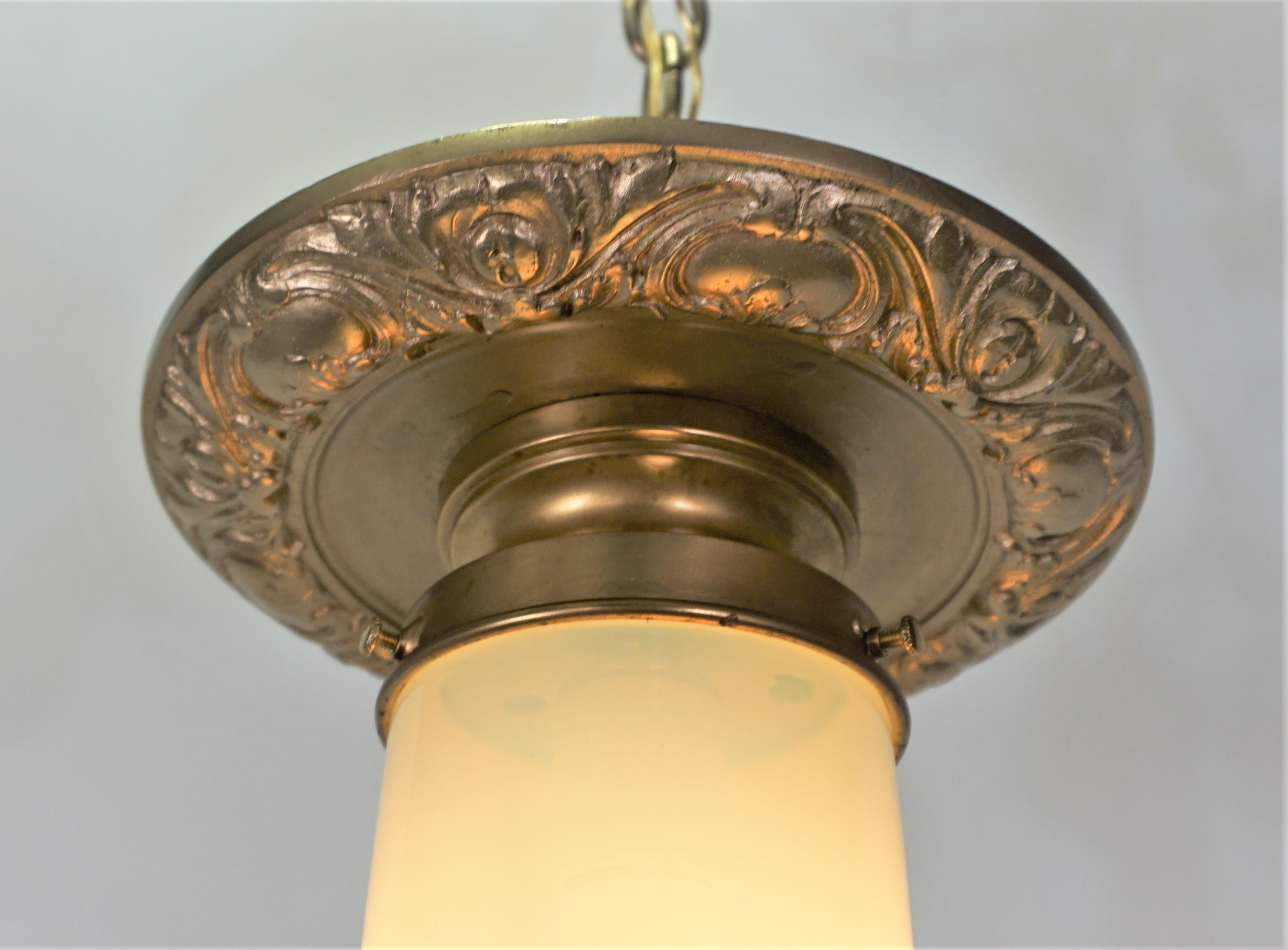 American Vaseline Glass and Brass Pendent or Chandelier In Good Condition In Fairfax, VA