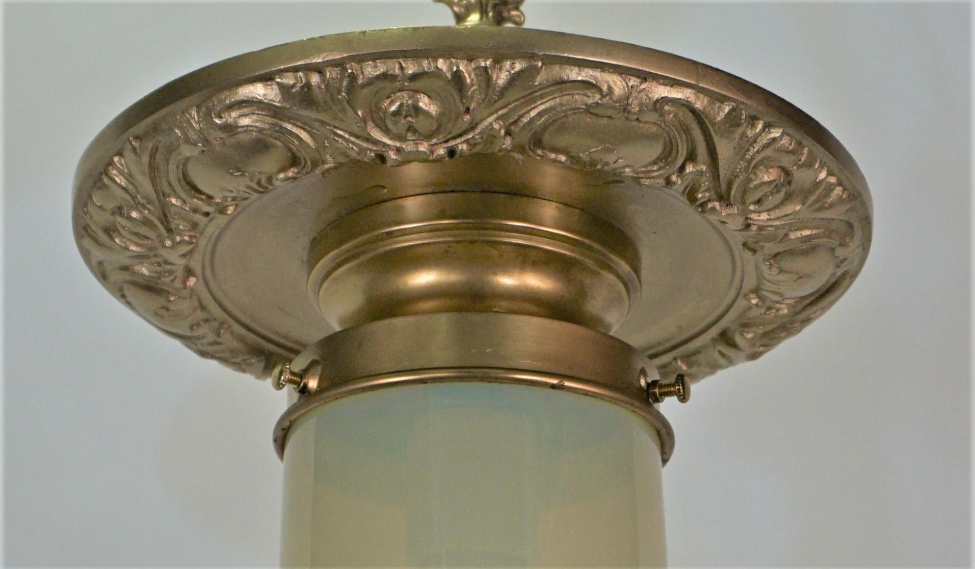 Early 20th Century American Vaseline Glass and Brass Pendent or Chandelier