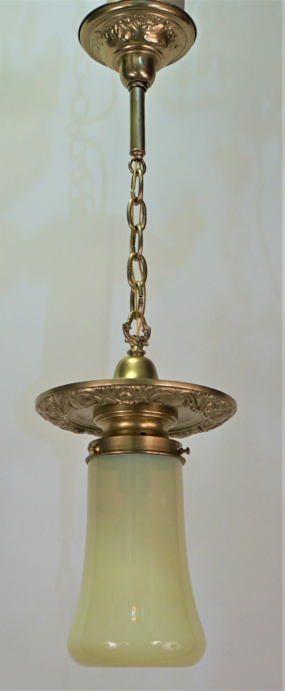 American Vaseline Glass and Brass Pendent or Chandelier 1