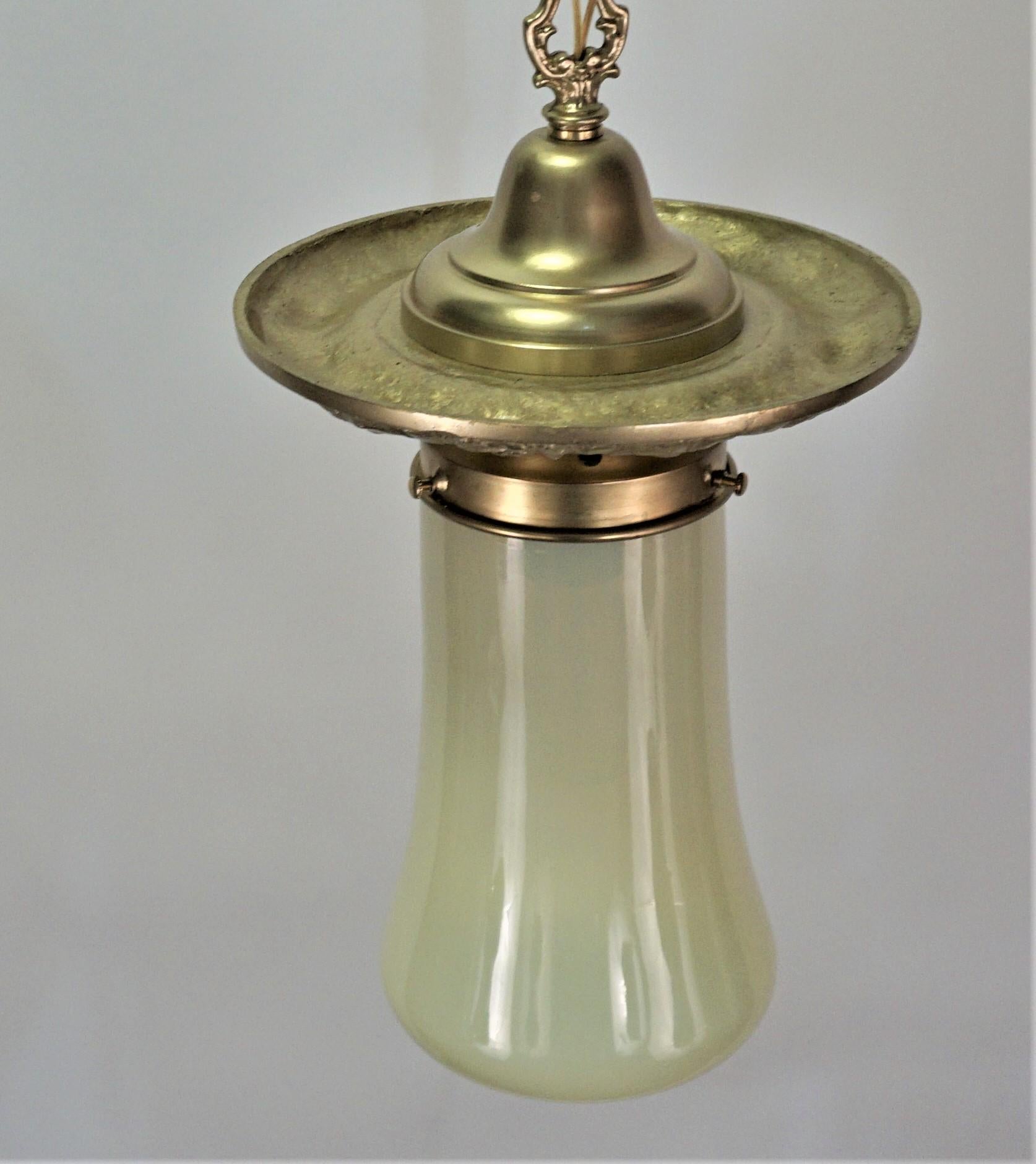 American Vaseline Glass and Brass Pendent or Chandelier 2