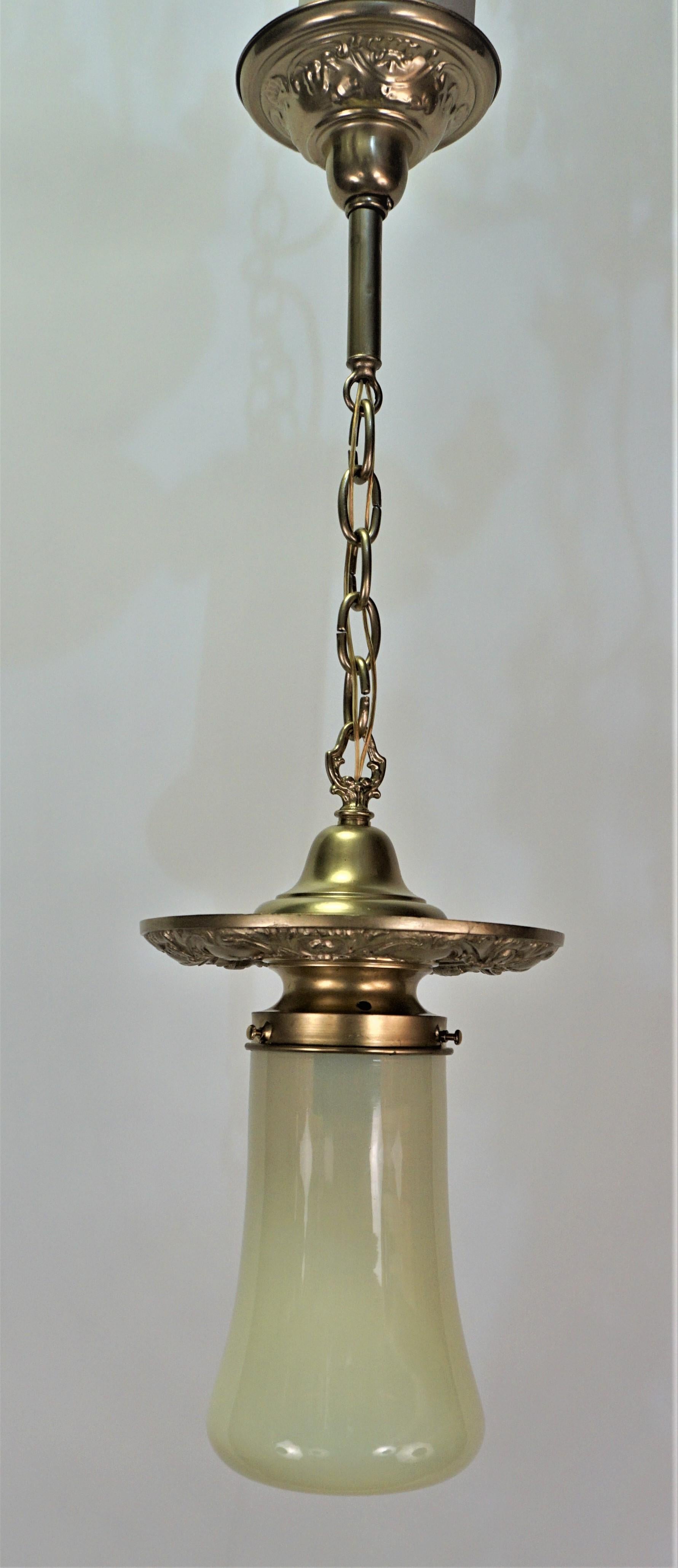 American Vaseline Glass and Brass Pendent or Chandelier 3