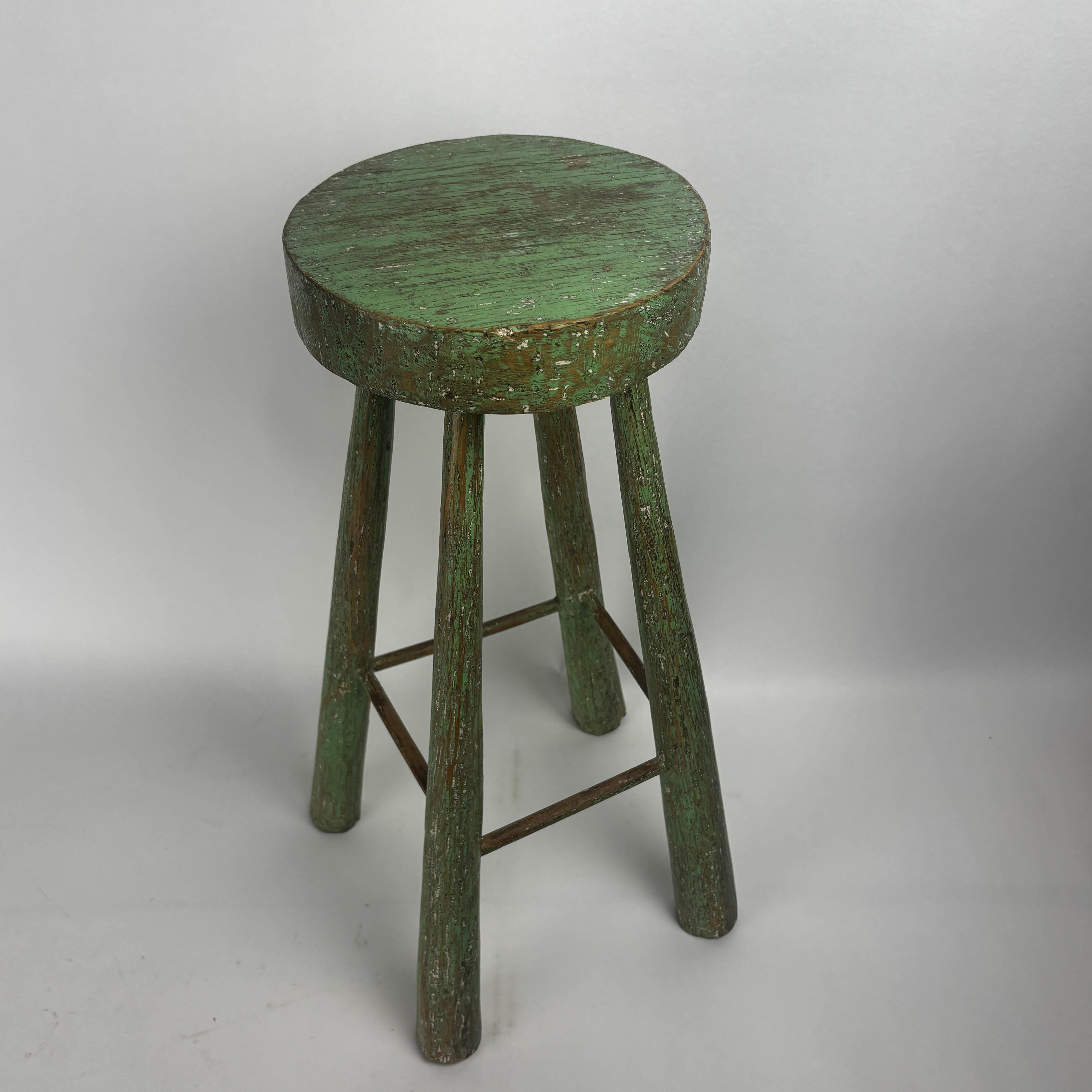 Hand-Carved American Vernacular Stool Green Enamel For Sale