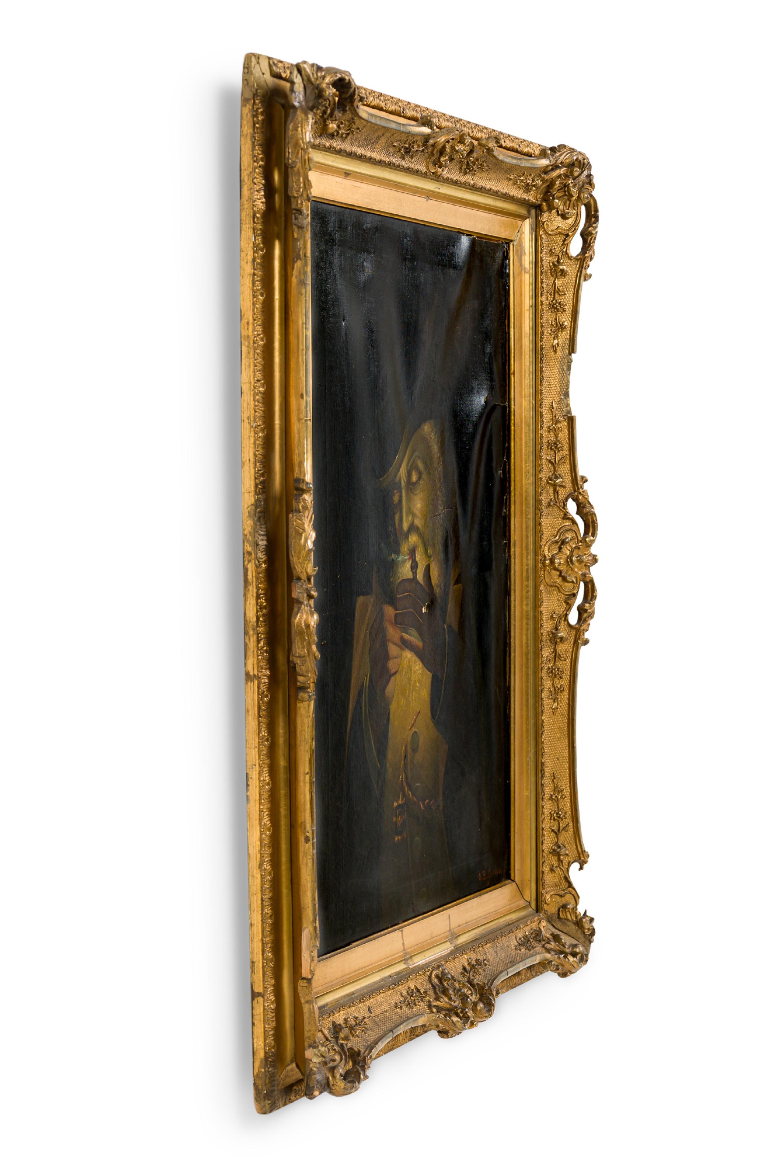 Quadro ad olio vittoriano americano con cornice dorata, ritratto di uomo barbuto che accende la pipa