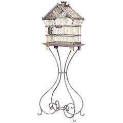 American Victorian Blue Painted Metal Birdcage with Iron Scroll Base