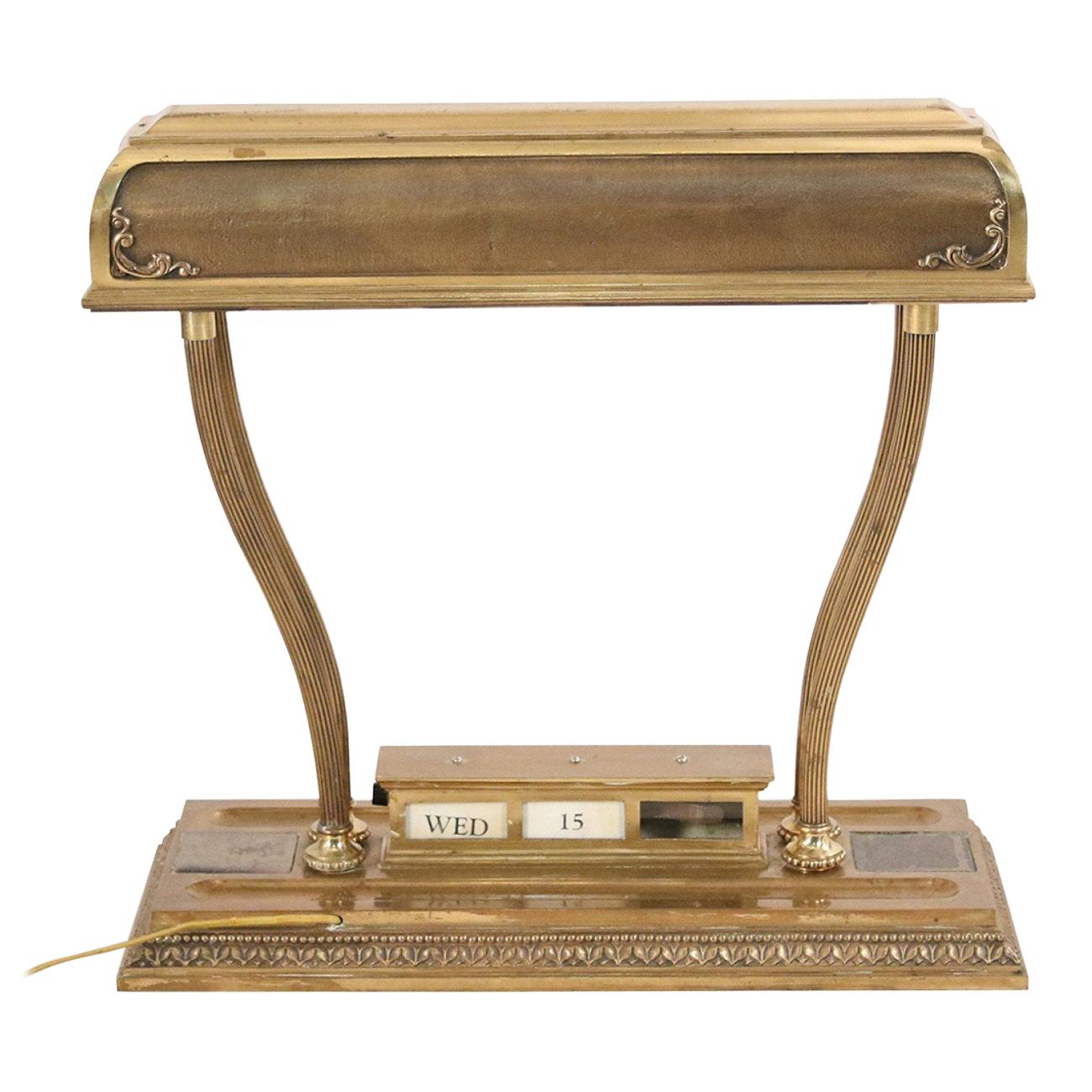 American Victorian Brass Desk Lamp and Calendar For Sale