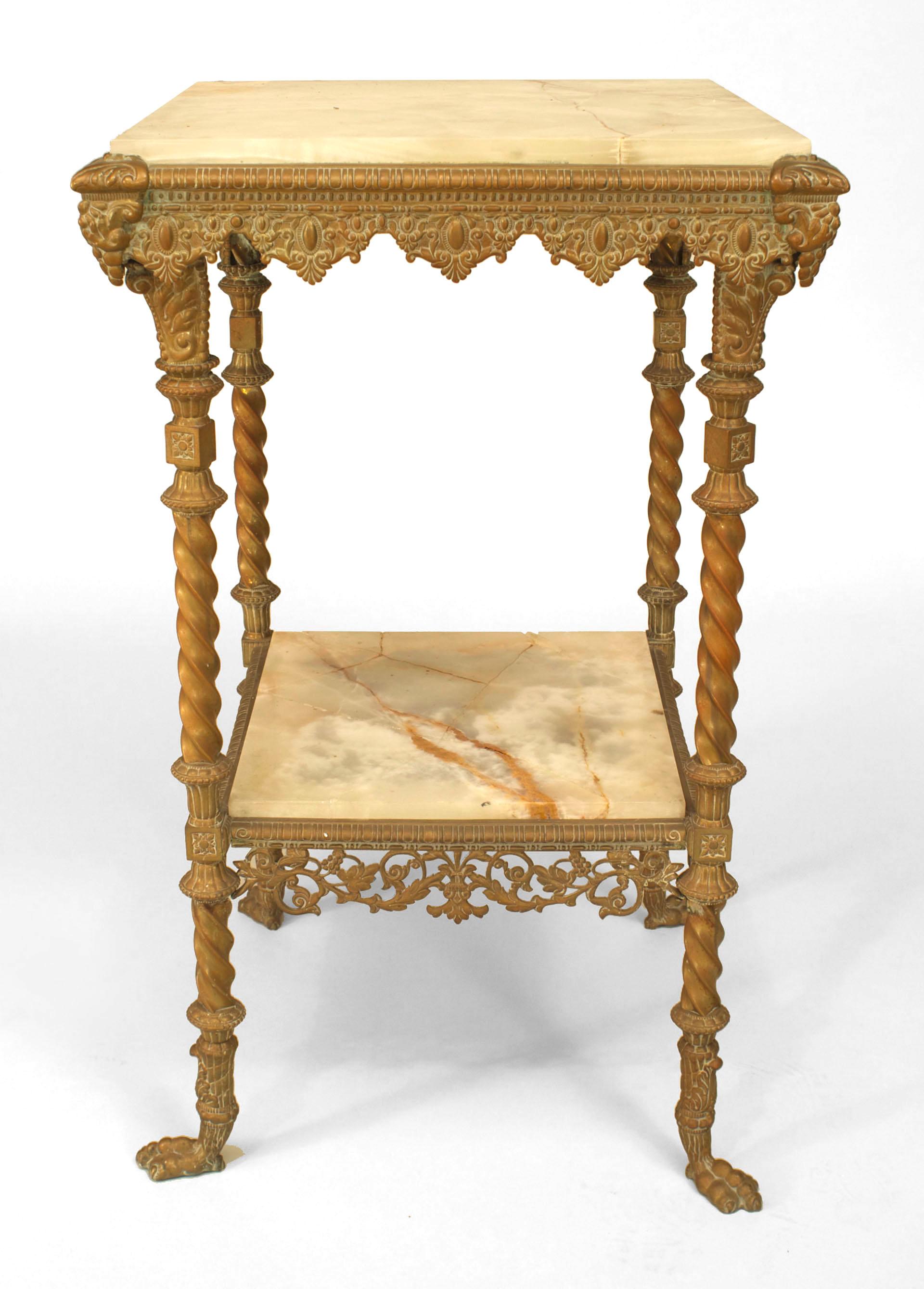 American Victorian brass square end table with onyx top and shelf and claw feet.
