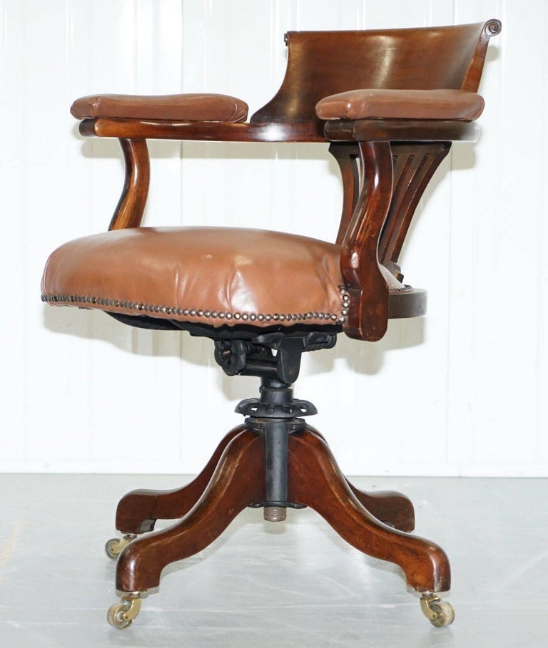 American Victorian Brown Leather Captains Office Chair Original Swivel