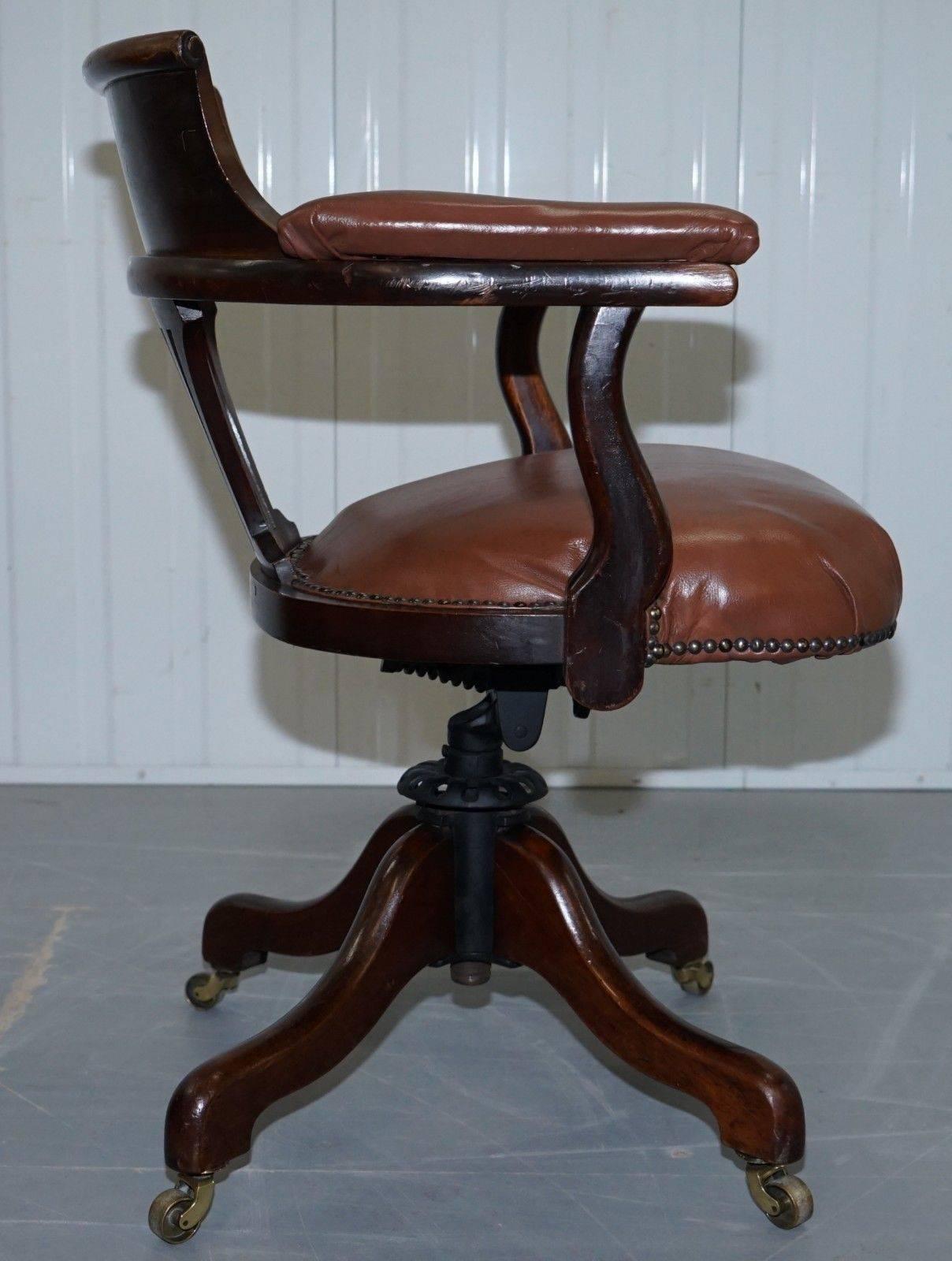 American Victorian Brown Leather Captains Office Chair Original Swivel Frame 1