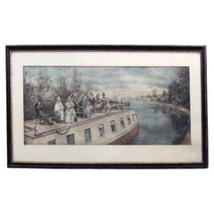 American Victorian Canal Lithograph, Ebonized Frame, Late 19th Century