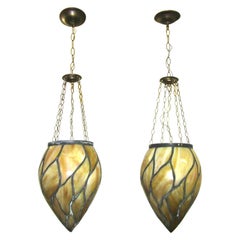 Antique American Victorian Caramel Slag Stained Glass Pendants