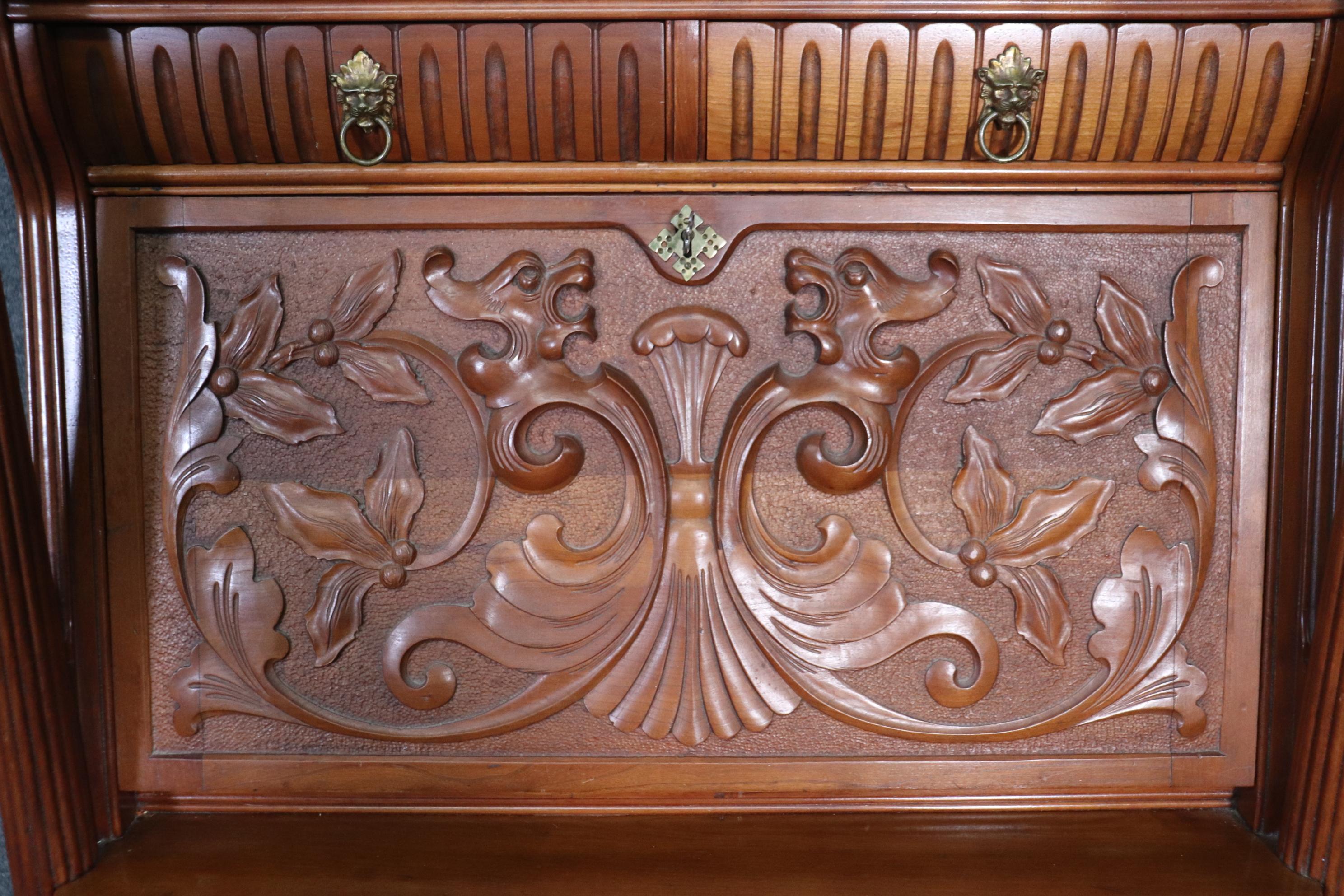 American Victorian Carved Oak Secretary Desk Circa 1890s 10