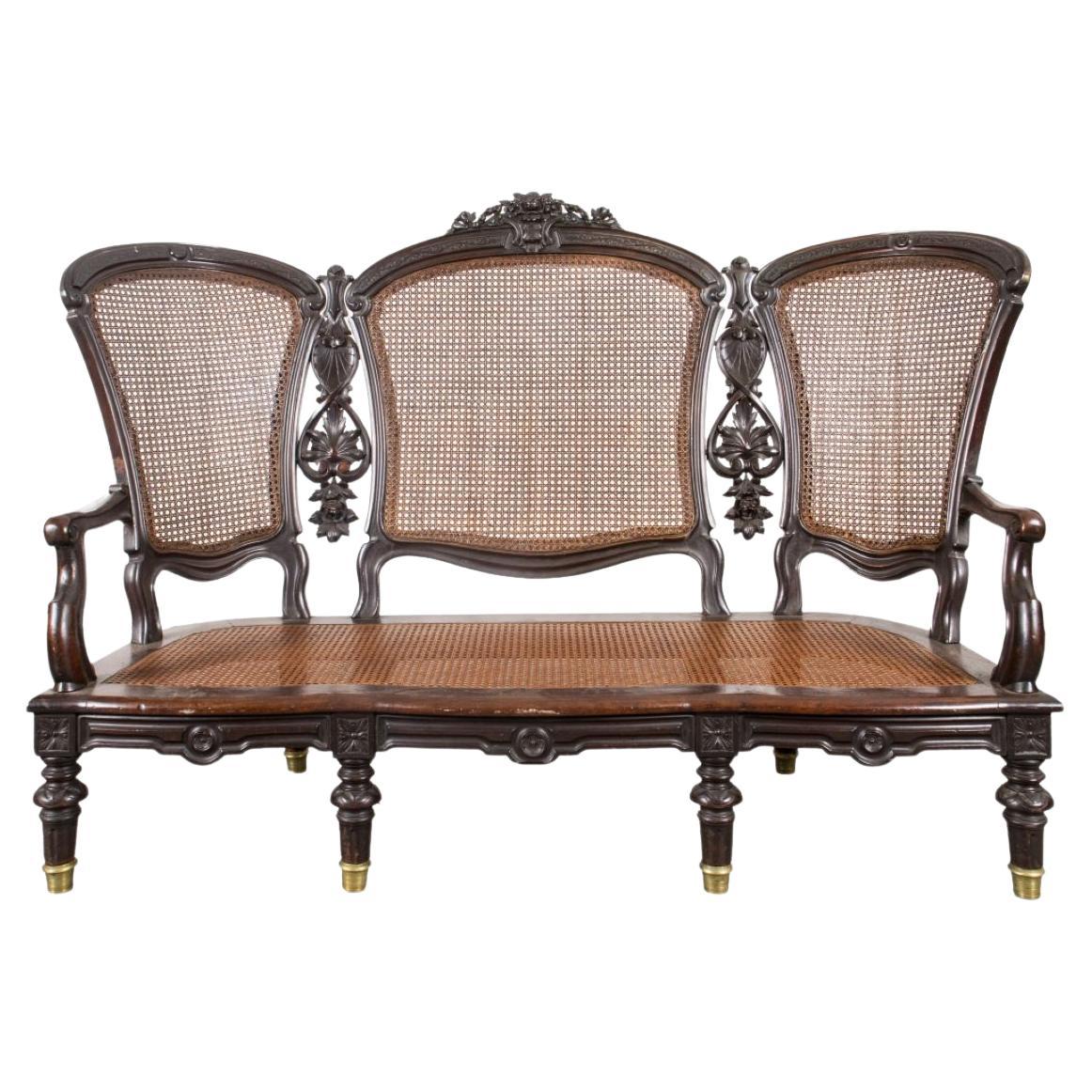 American Victorian Carved Wood Caned Settee
