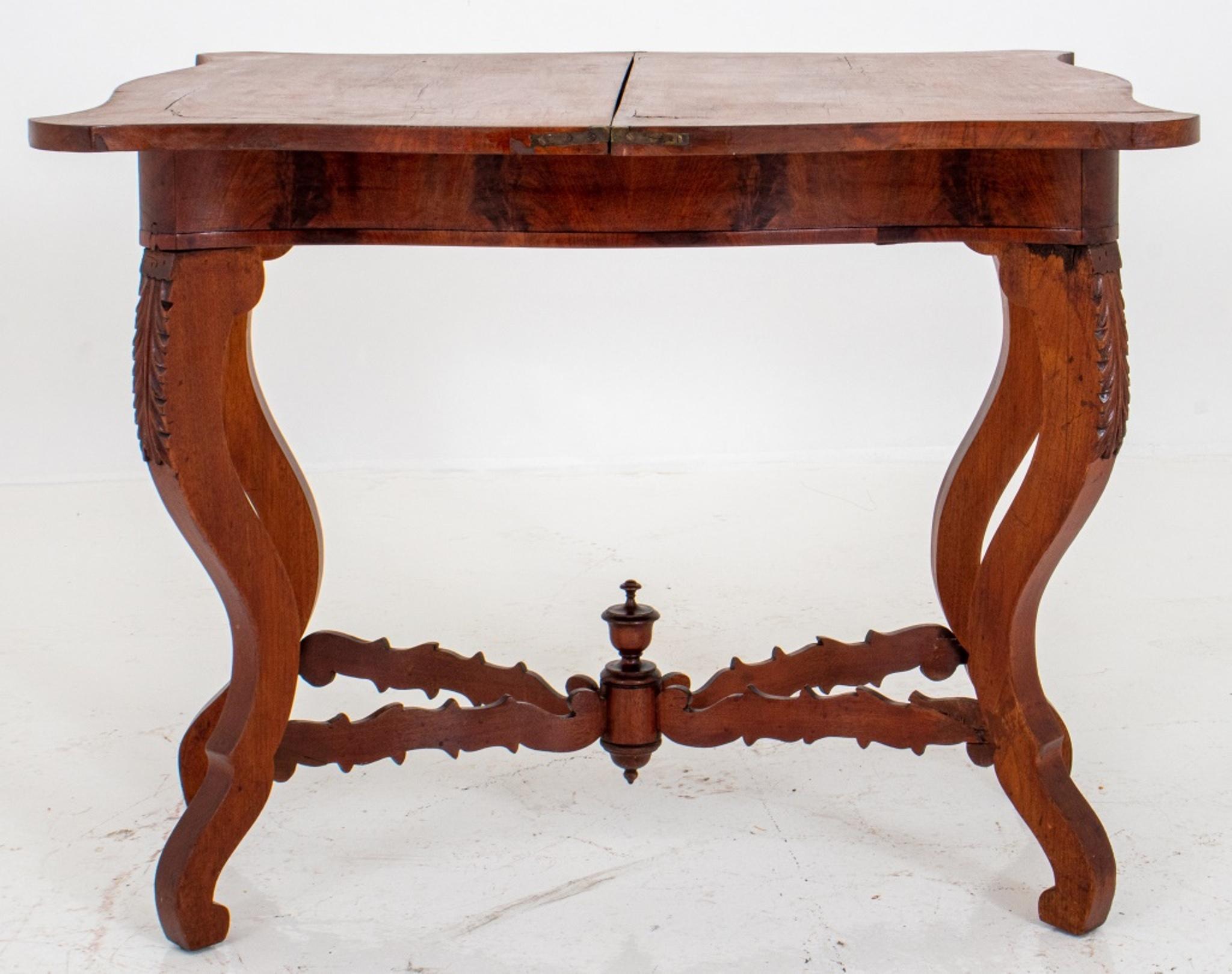 American Victorian mahogany veneer console game table with flip top and carved scroll legs. In very good vintage condition.

Dealer: S138XX
