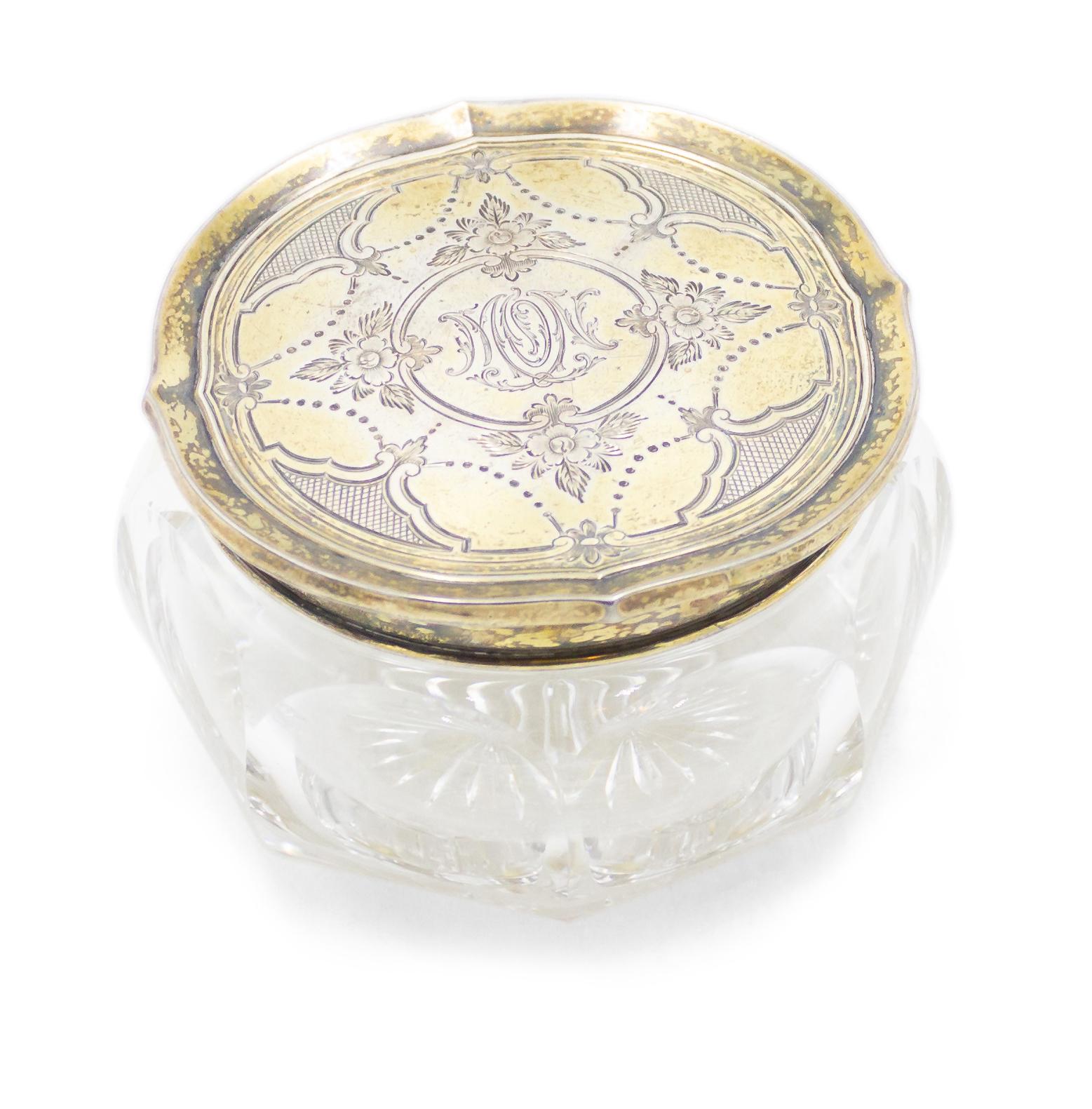 American Victorian crystal powder box with gold etched cover.
 