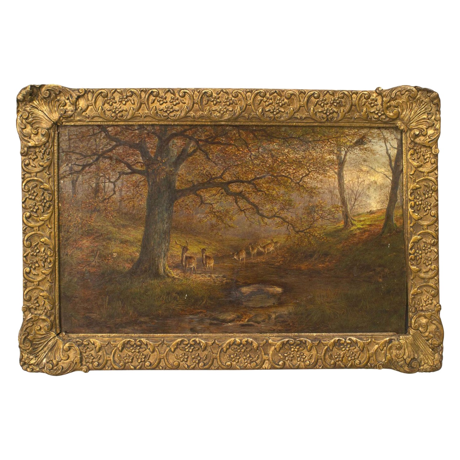 American Victorian Deer Oil Painting For Sale