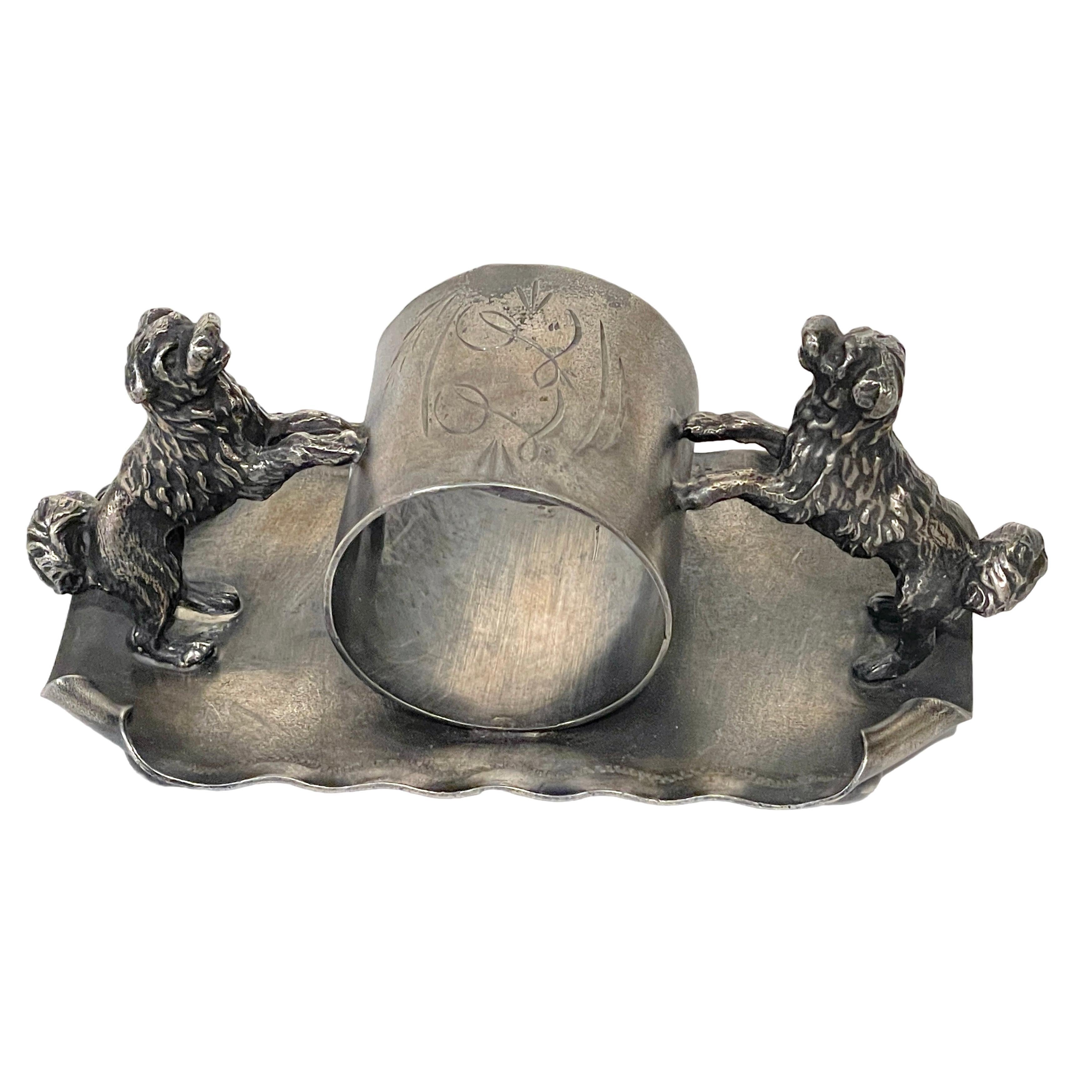 American Victorian 'Double Dog' Silverplated Figural Napkin Ring, Circa 1890  For Sale
