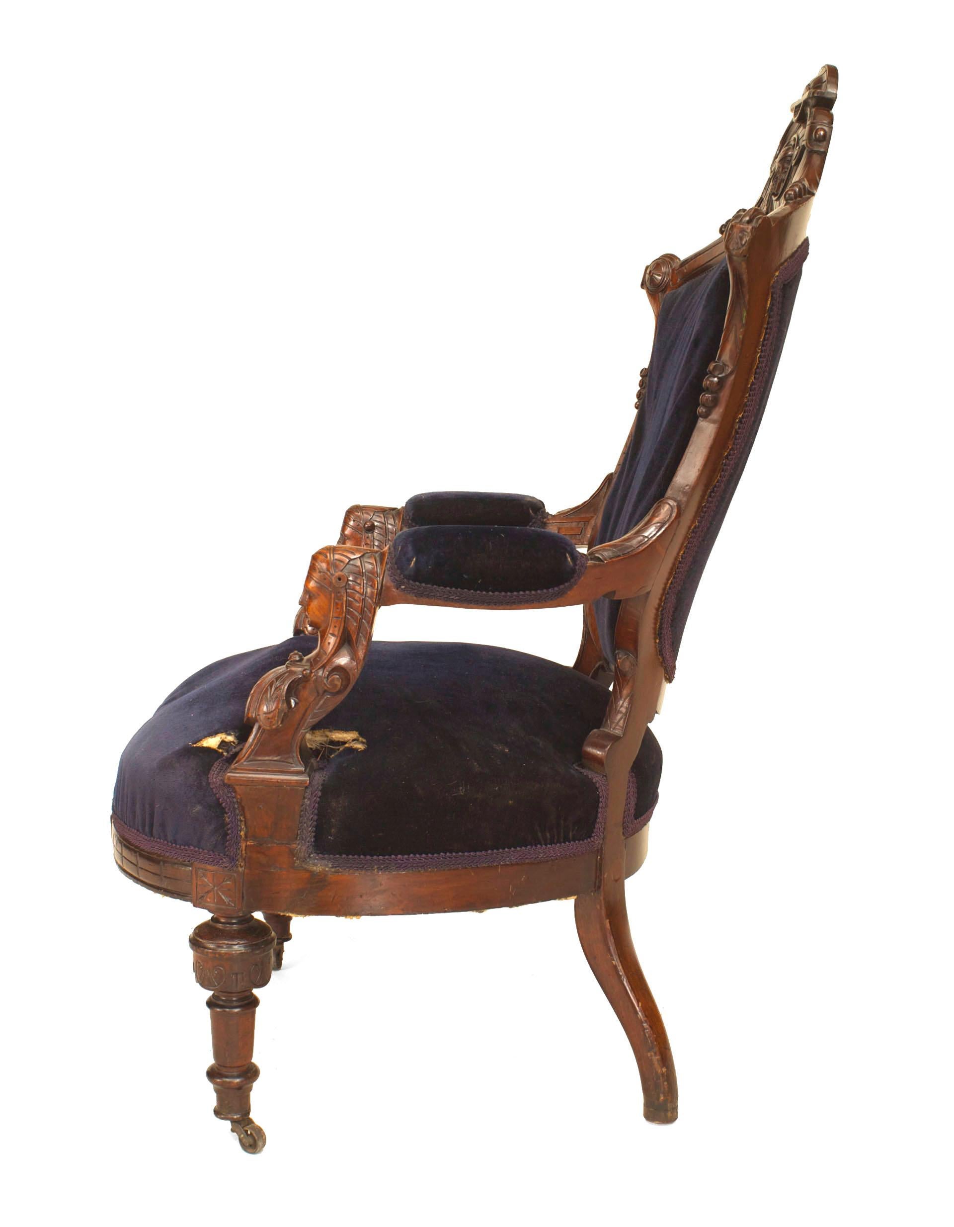 Viktorianischer Eastlake-Sessel aus blauem Samt von John Jellif & Co (Neorenaissance)
