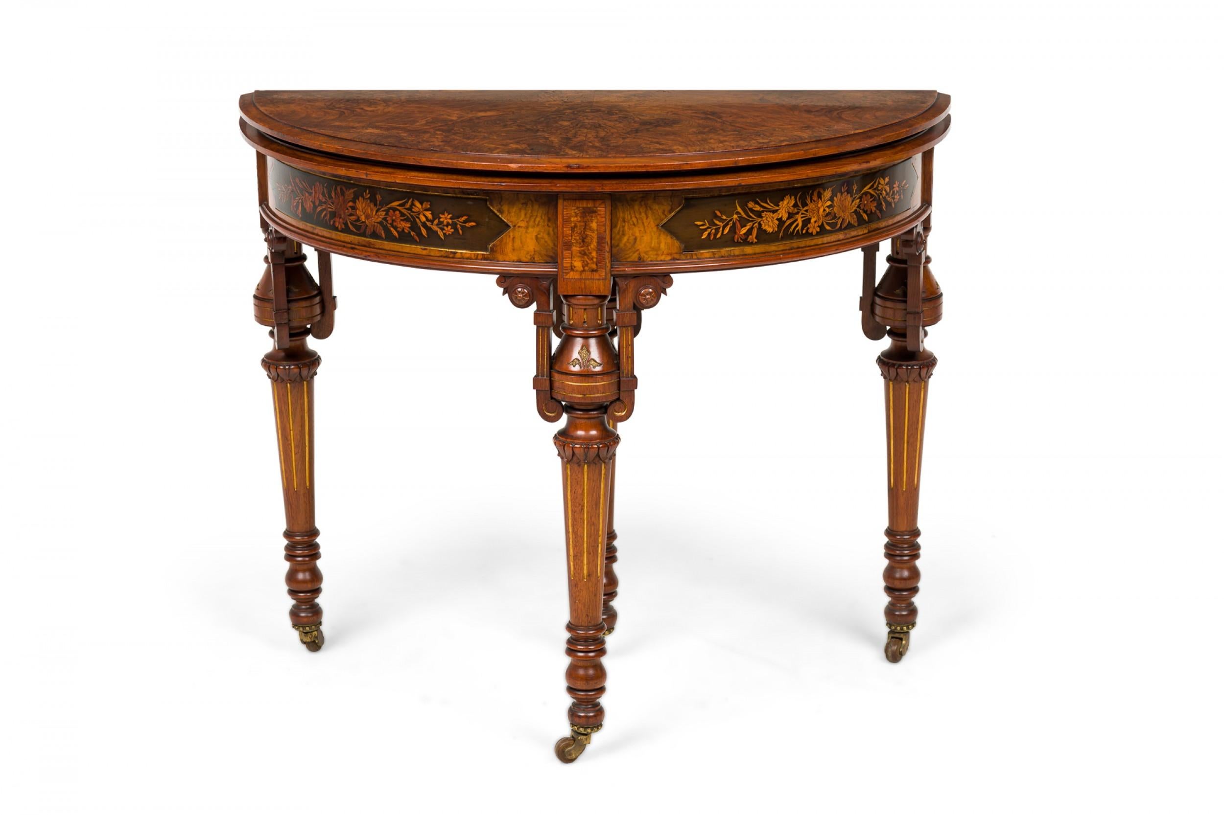 19th Century American Victorian Folding Wood Demilune Console Table with Extendable Top For Sale