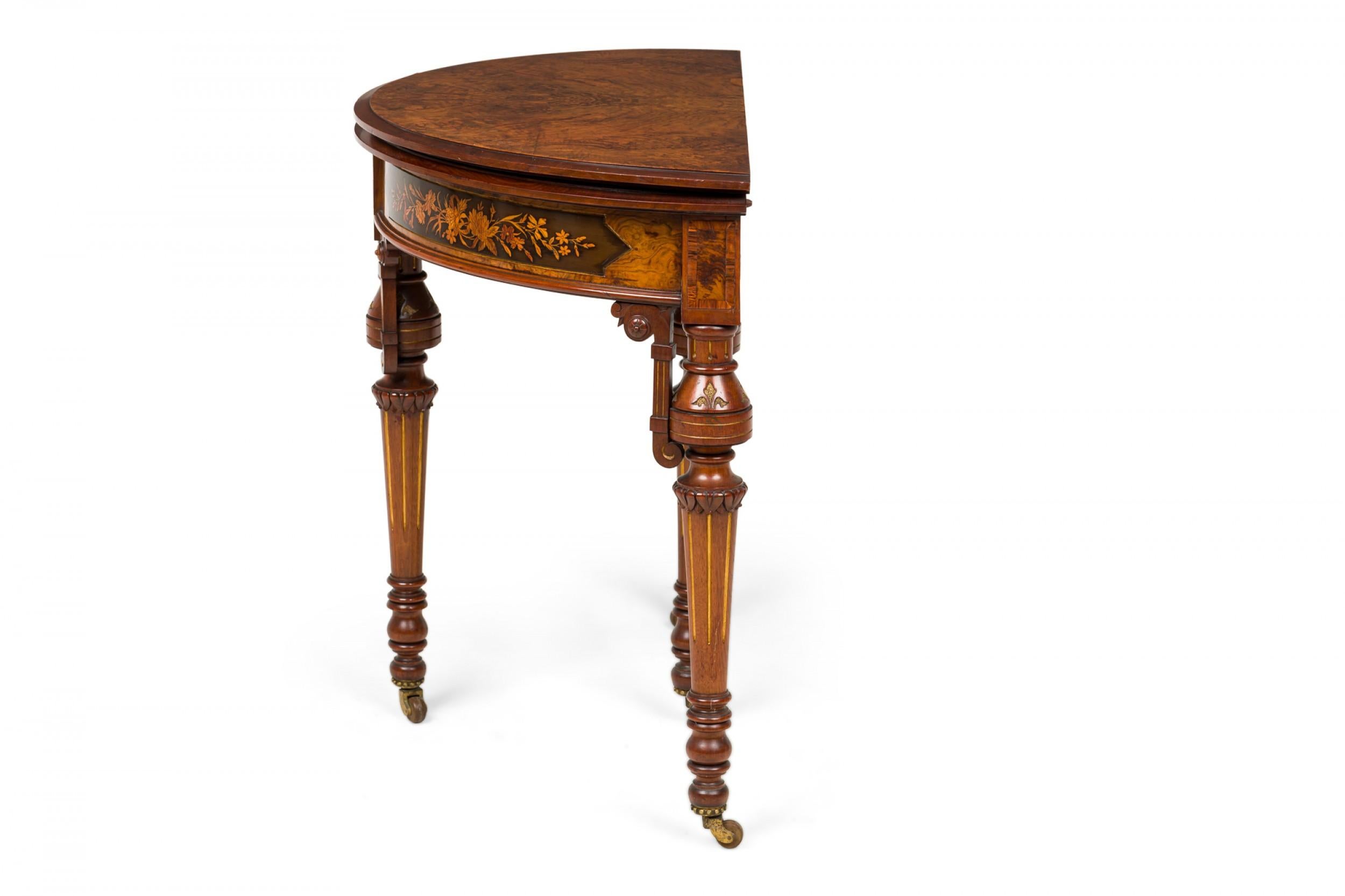 Burl American Victorian Folding Wood Demilune Console Table with Extendable Top For Sale