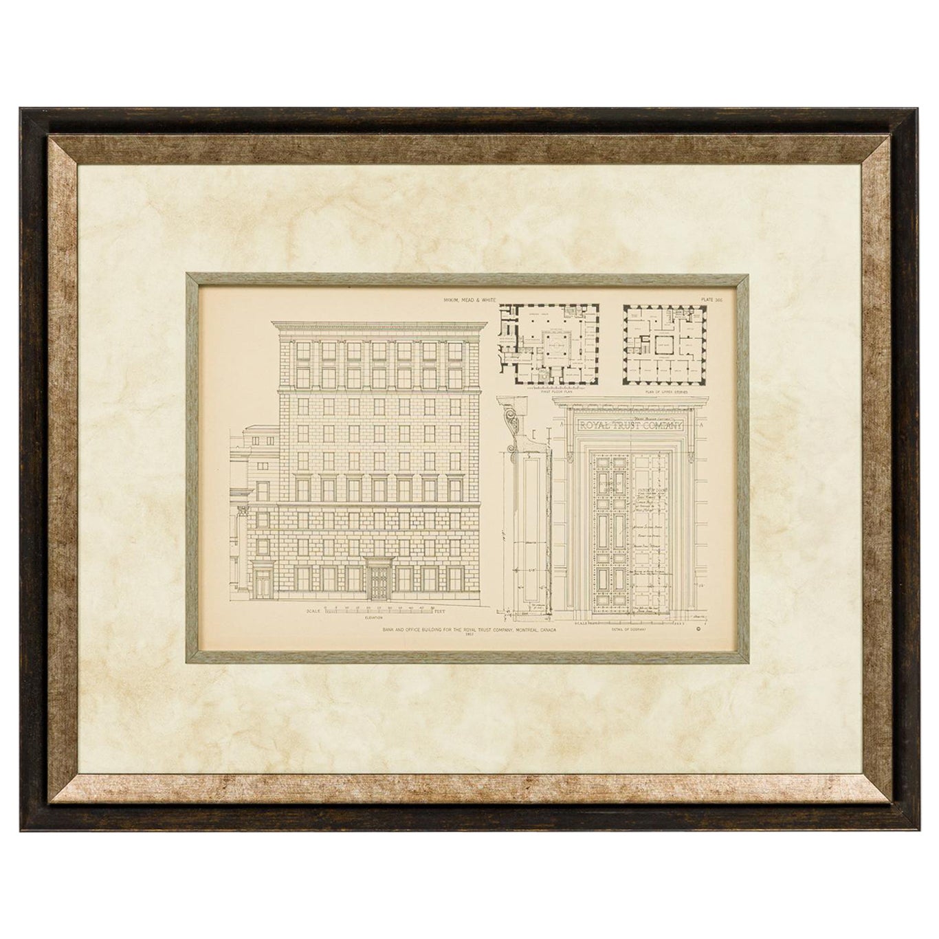 Impression de monographie victorienne américaine encadrée, intitulée : Bank & Office Building for Th