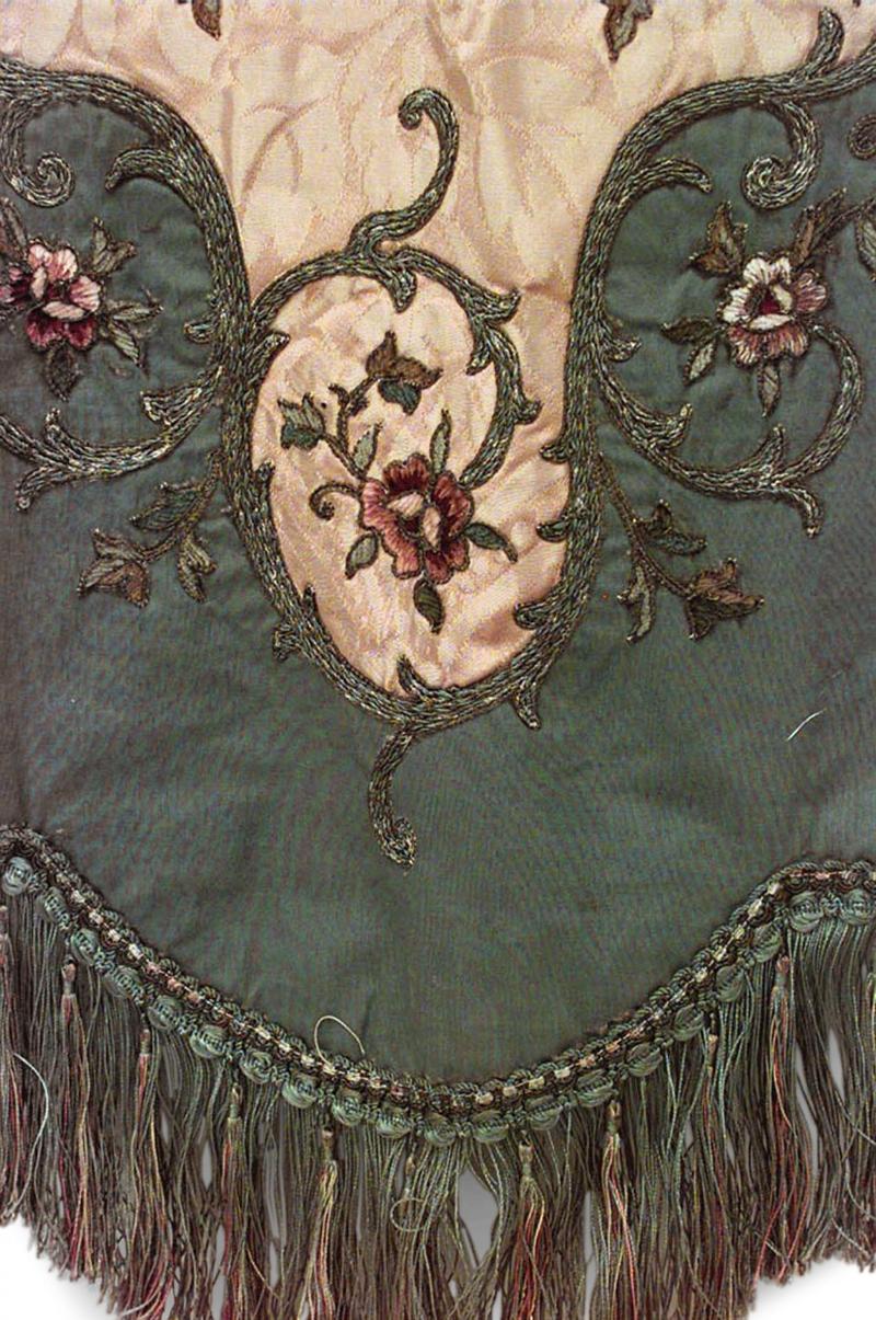 American Victorian gold damask table runner with green velvet and floral embroidered ends with fringe.