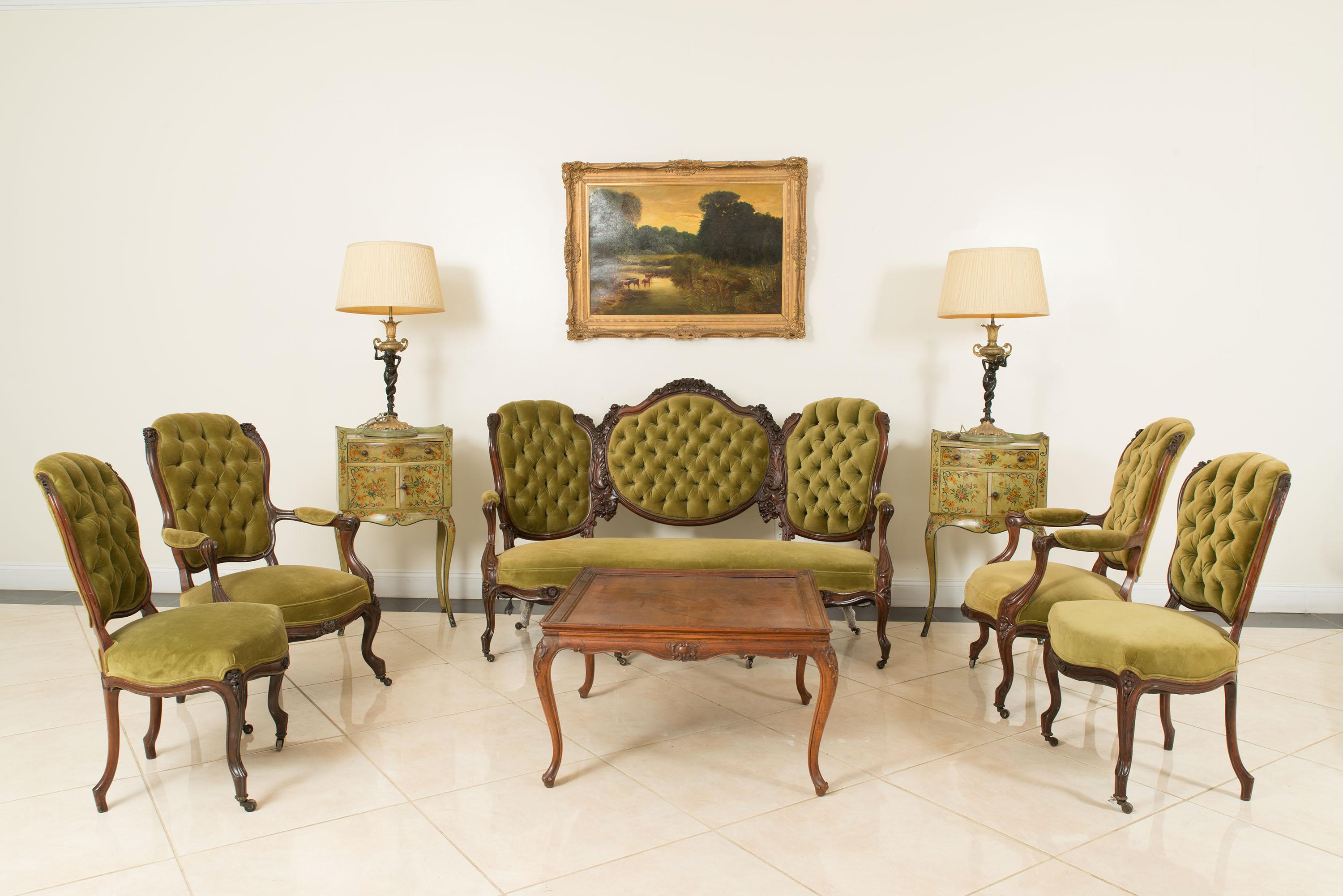 Set of 5 American Victorian carved rosewood salon set with tufted green velvet upholstery (settee: 66