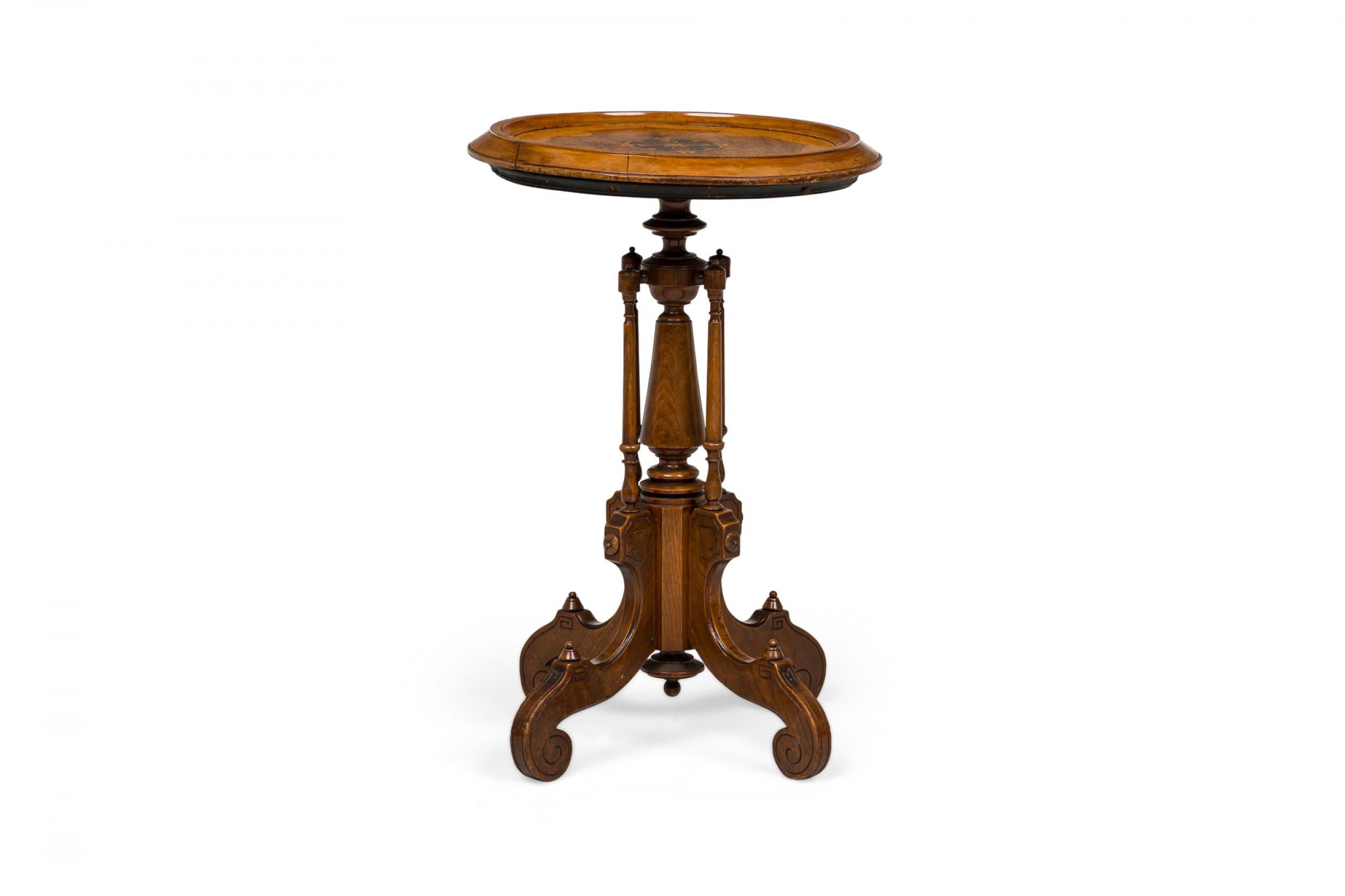 Late 19th Century American Victorian Inlaid Circular Carved Wooden Plant Stand / Side Table For Sale