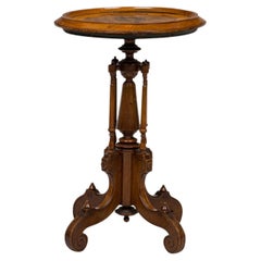 American Victorian Inlaid Circular Carved Wooden Plant Stand / Side Table