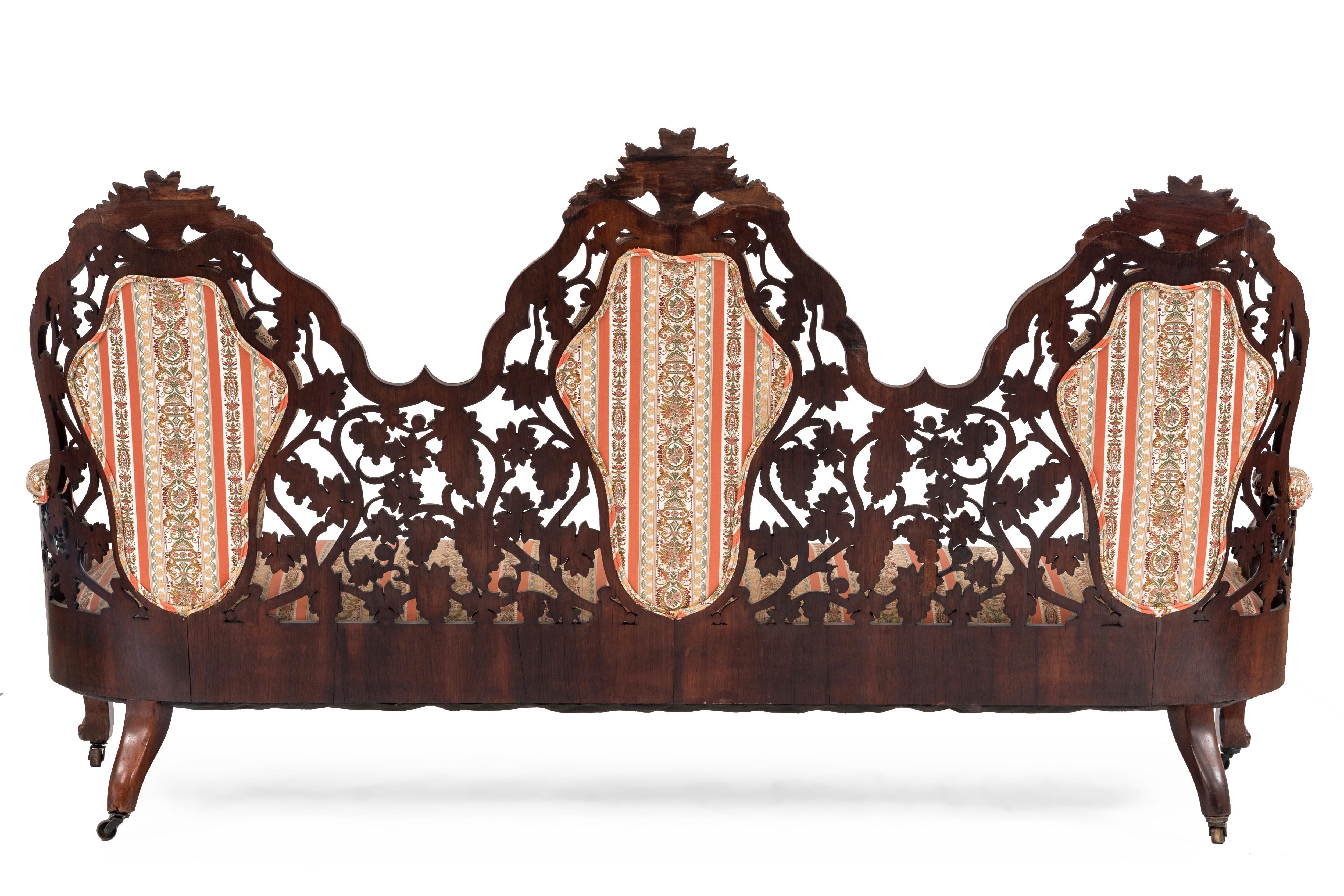 American Victorian rosewood triple filigree and upholstered back settee with stripe upholstery (att: JOHN HENRY BELTER)
