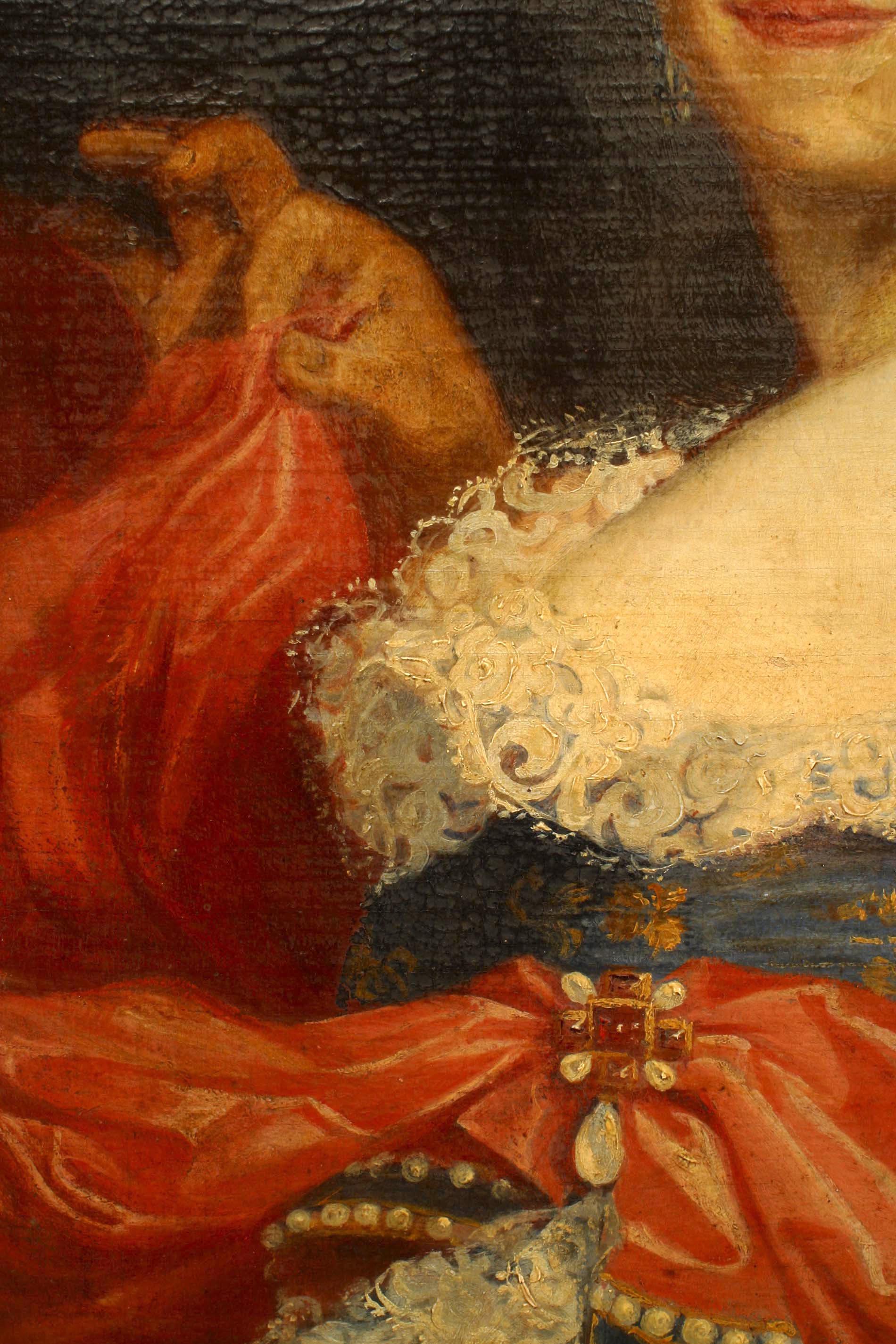 Retrato al óleo victoriano americano enmarcado en madera ebonizada, pintura de dama del siglo XIX con vestido azul y rojo.