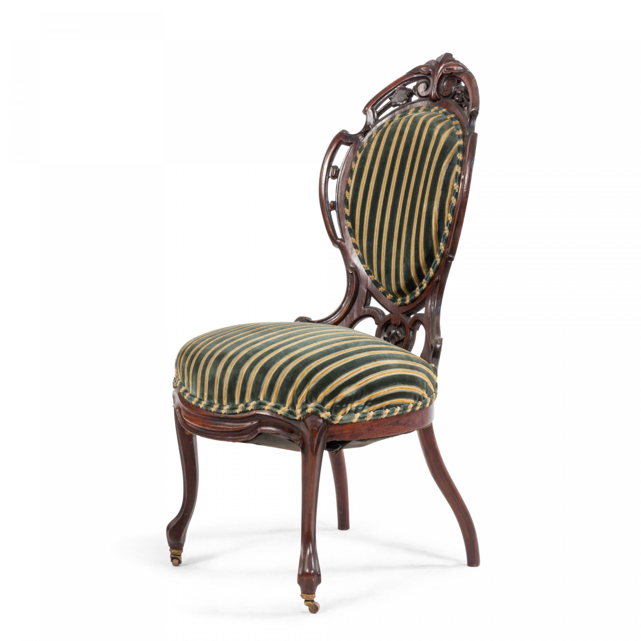 American Victorian laminated rosewood filigree back side chair with green stripe seat and back (att: Henkels, Phila.)
 