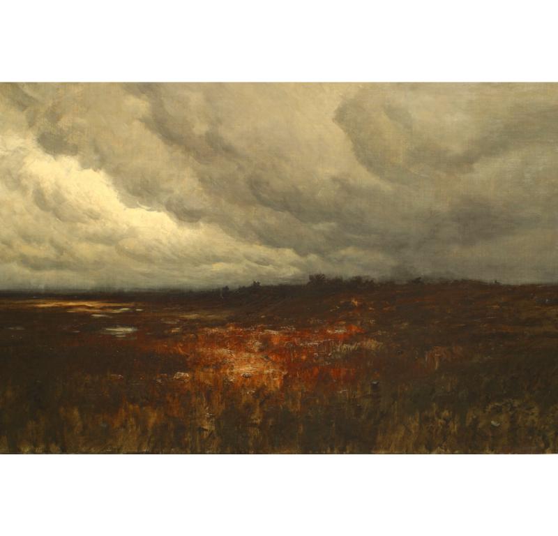 Paysage victorien américain à l'huile sur toile représentant un champ marécageux avec un ciel gris (probablement Long Island, NY) dans un cadre sculpté en or (signé : M. DeForest Bolmer)
