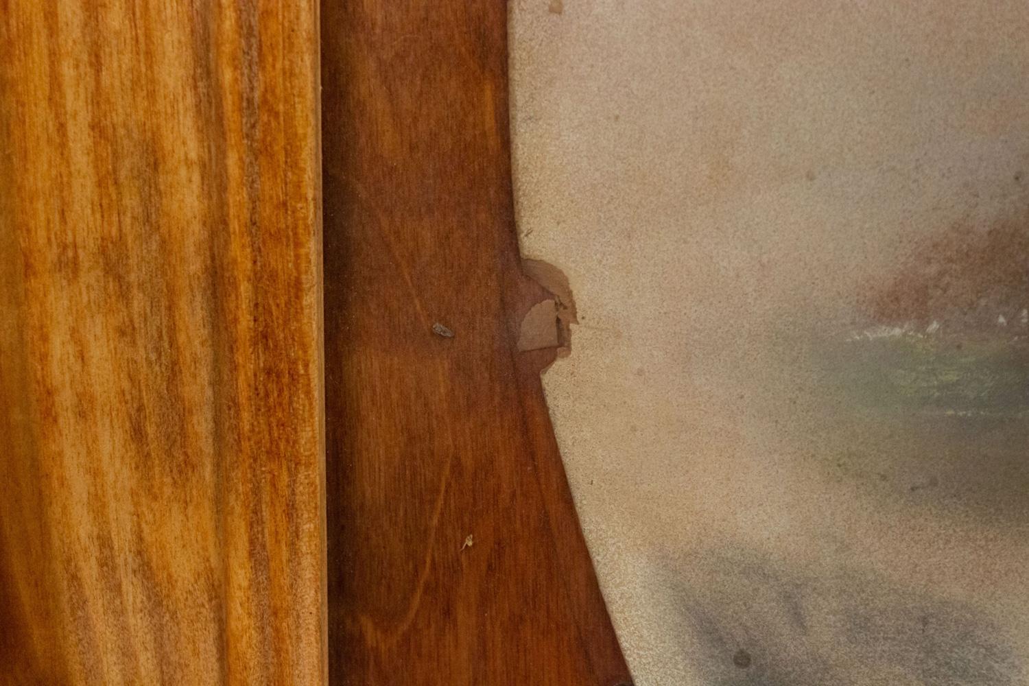 Paesaggio vittoriano americano a pastello raffigurante due betulle con casa e figura sullo sfondo in una cornice di acero. Firmato M. Degraff