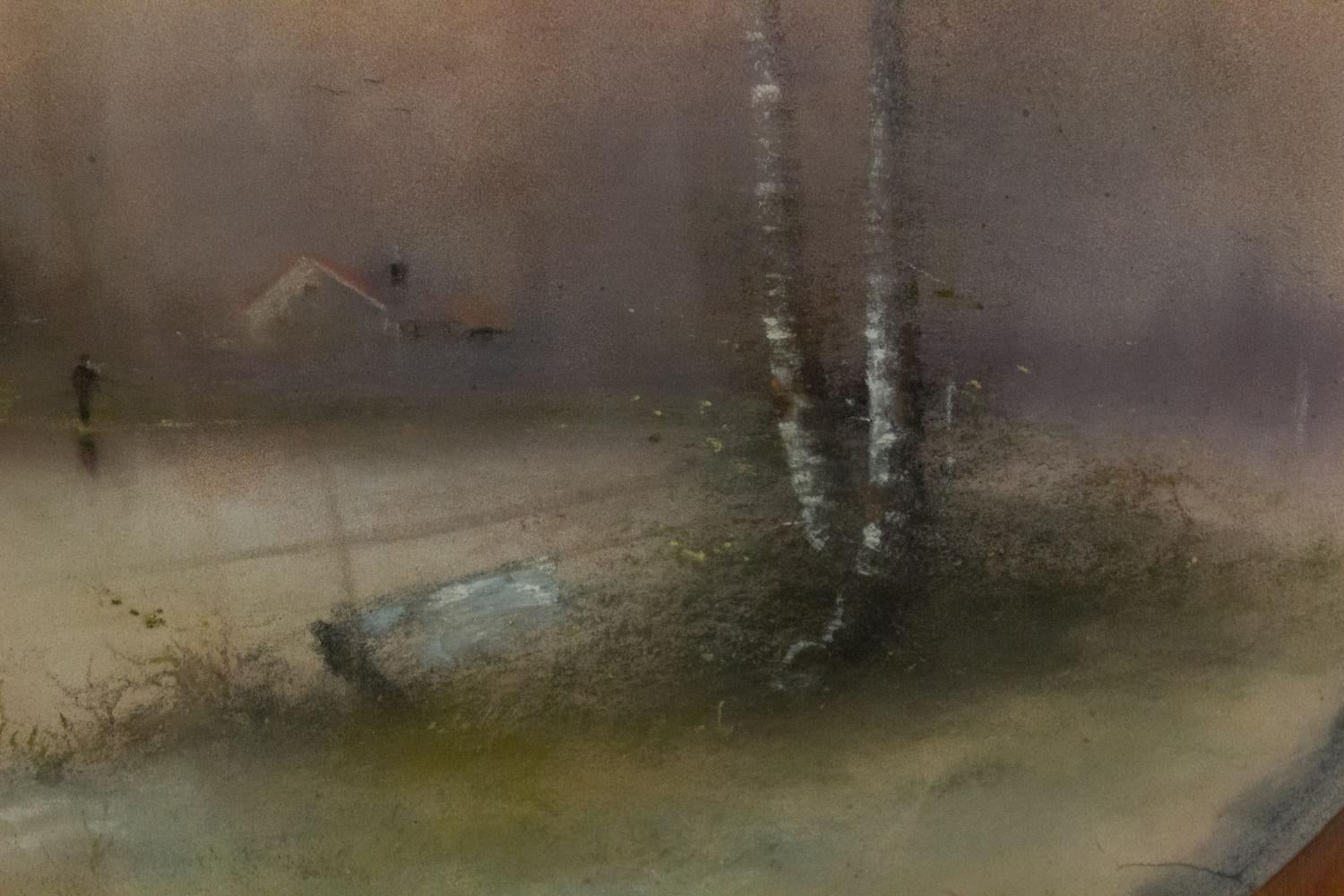 XIX secolo Paesaggio vittoriano americano di alberi di betulla con casa in vendita