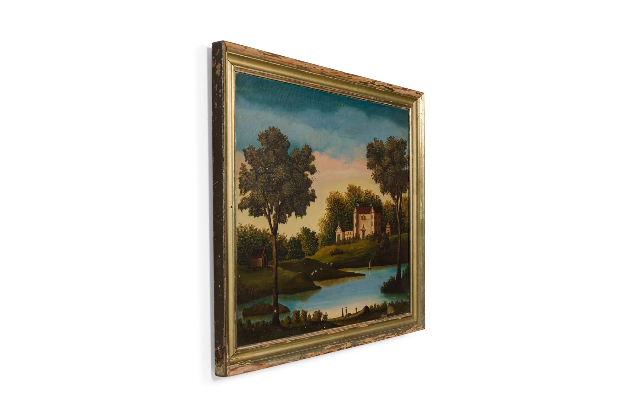 American Victorian Hudson River School style oil painting scene of a house by a stream with tree in foreground in a gold frame