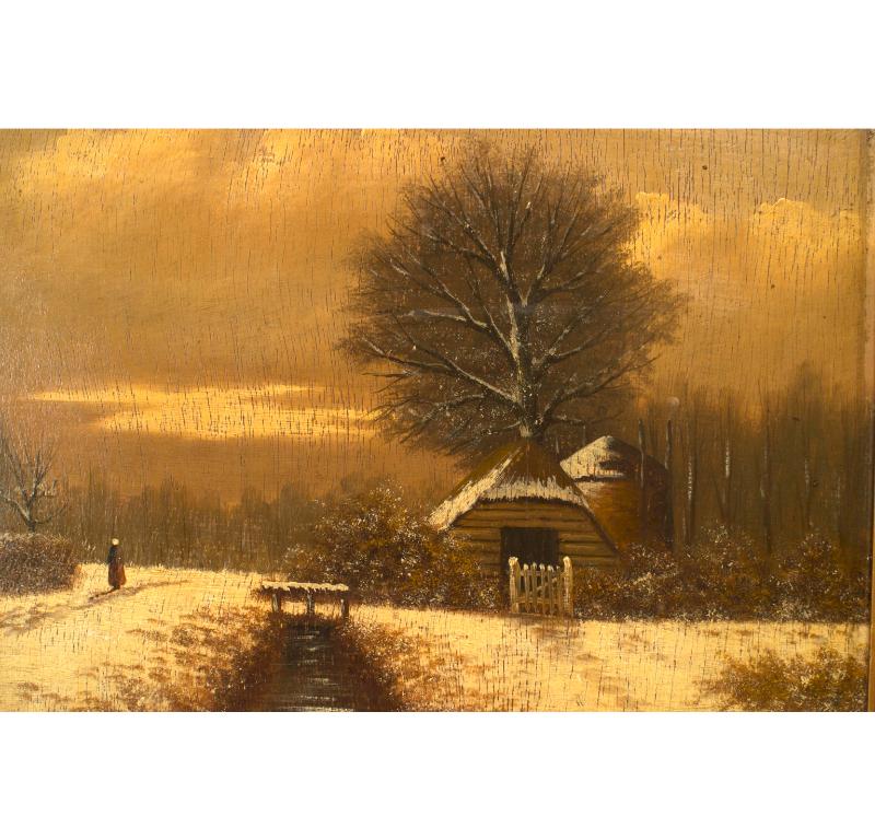 Vecchio dipinto a olio su tavola in stile vittoriano americano (20° secolo), incorniciato, raffigurante un paesaggio con ruscello e casa con neve al suolo.