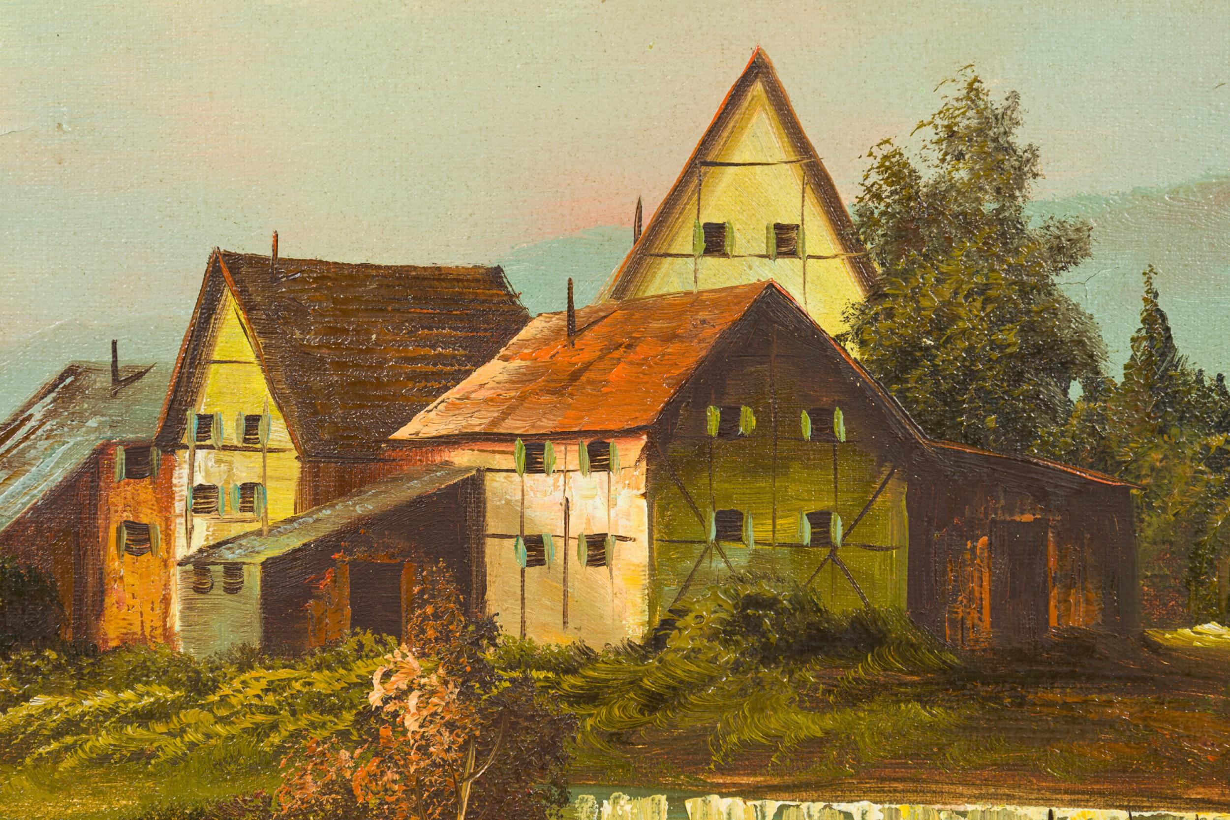 Hand-Carved American Victorian Landscape Painting of 4 Houses Near a River For Sale