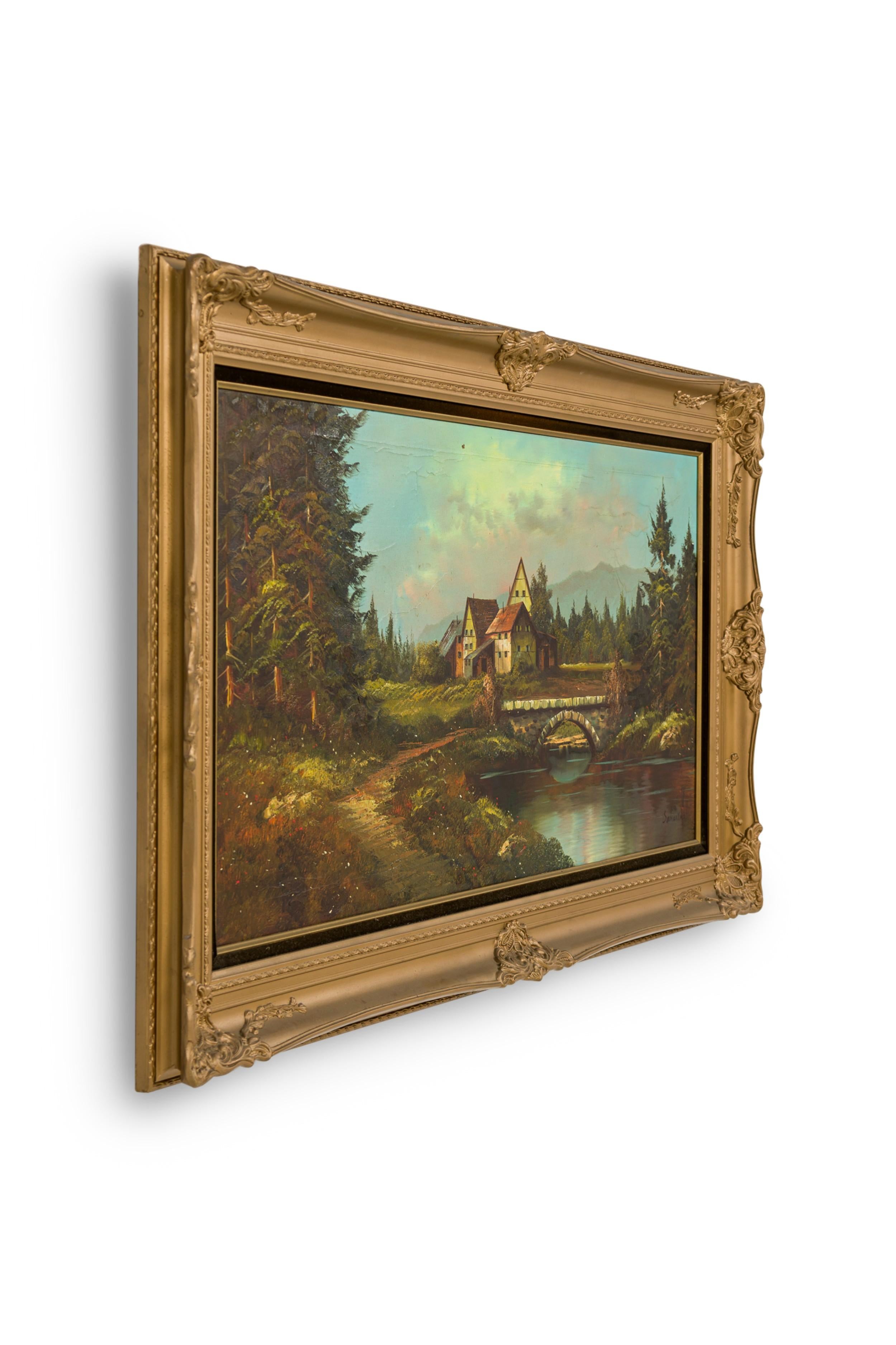 American Victorian Landscape Painting of 4 Houses Near a River For Sale 1