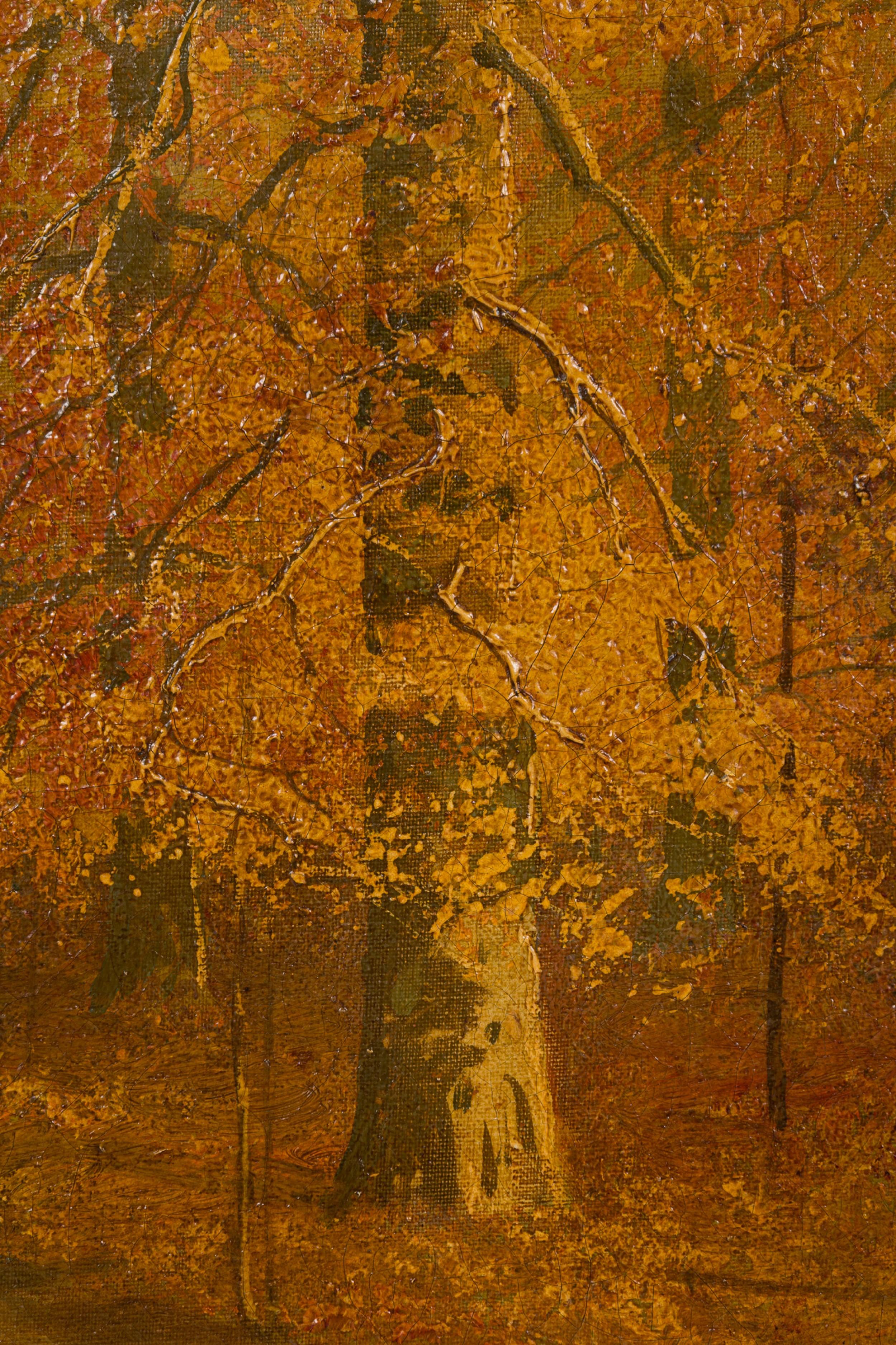 Paesaggio vittoriano americano raffigurante una scena di foresta autunnale con alberi vicino a un ruscello in una cornice dorata (firmato?)