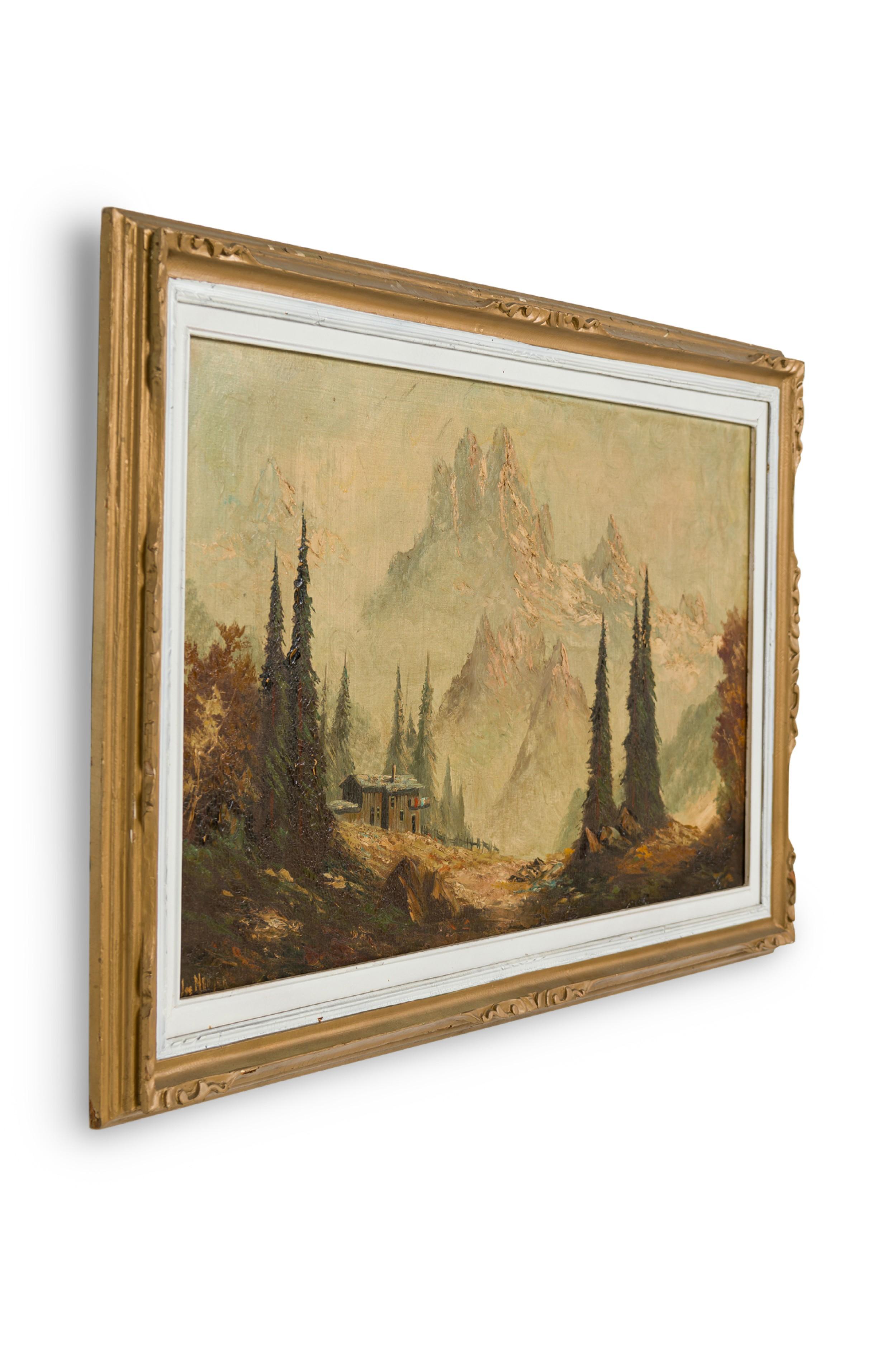 Cuadro victoriano americano de paisaje de una casa de madera con montañas al fondo en un marco blanco y dorado (¿firmado?)