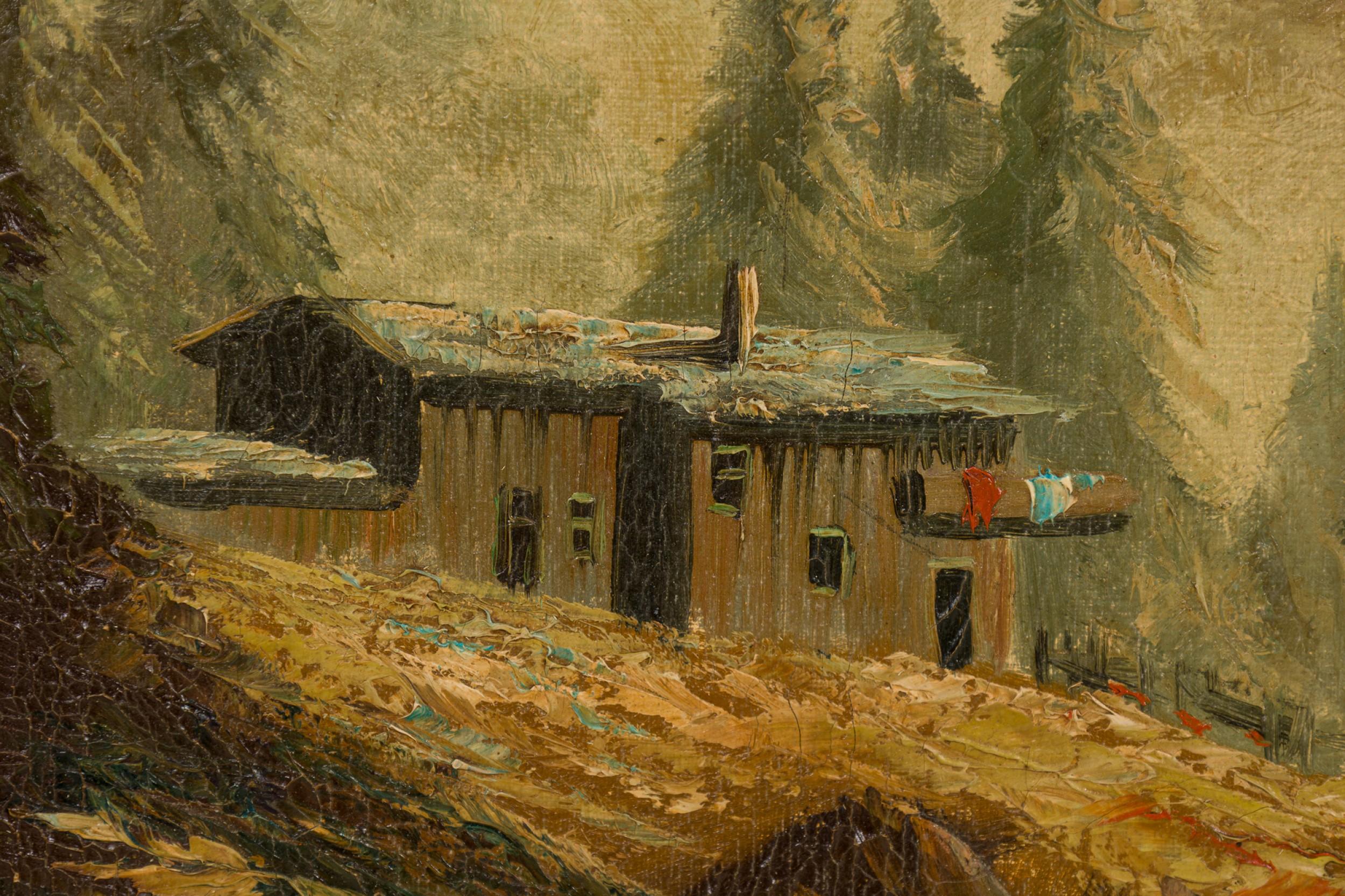 Paisaje victoriano americano de una casa en las montañas Pintado a mano en venta