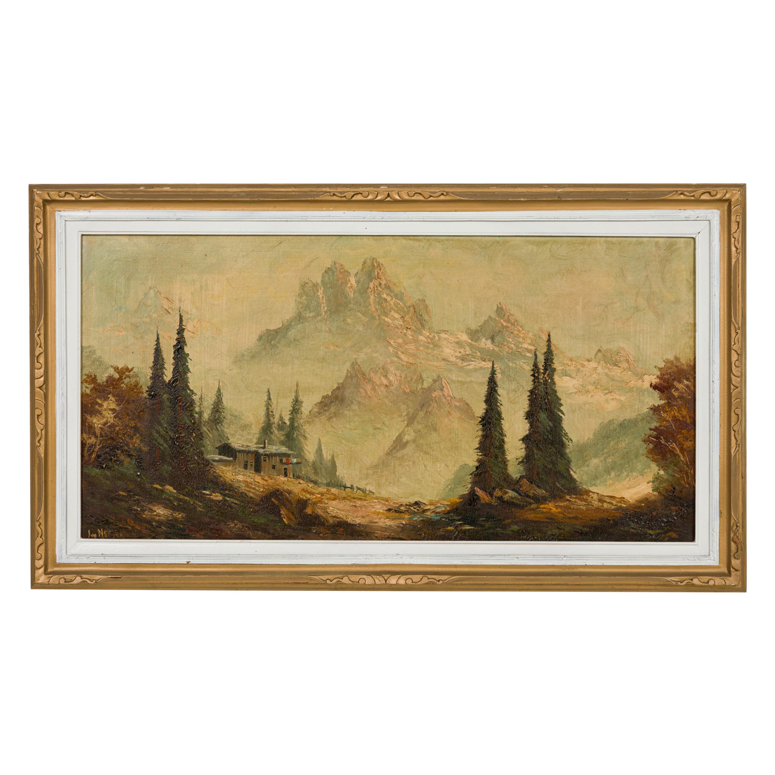 Peinture de paysage victorienne américaine d'une maison au sommet des montagnes