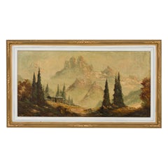 Peinture de paysage victorienne américaine d'une maison au sommet des montagnes