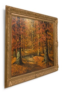 "Victorian Landscape Painting of Autumn Trees, 19th Century, Signed"