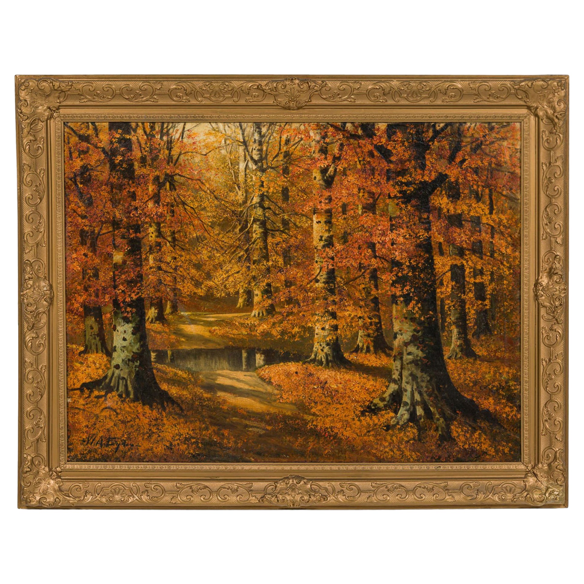 American Victorian Landscape Painting Of Autumn Trees Near A Lake