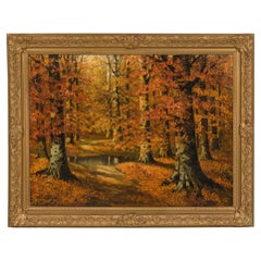American Victorian Landscape Painting Of Autumn Trees Near A Lake