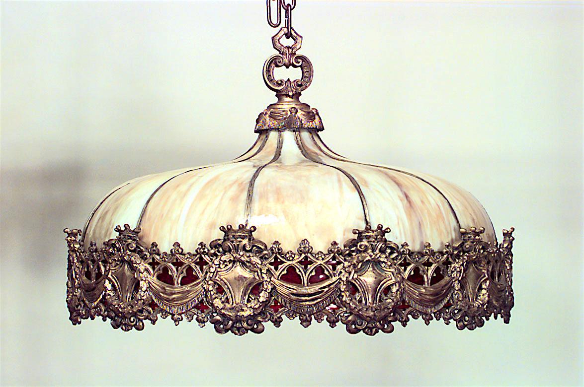19th Century American Victorian Leaded Glass and Bronze Chandelier For Sale