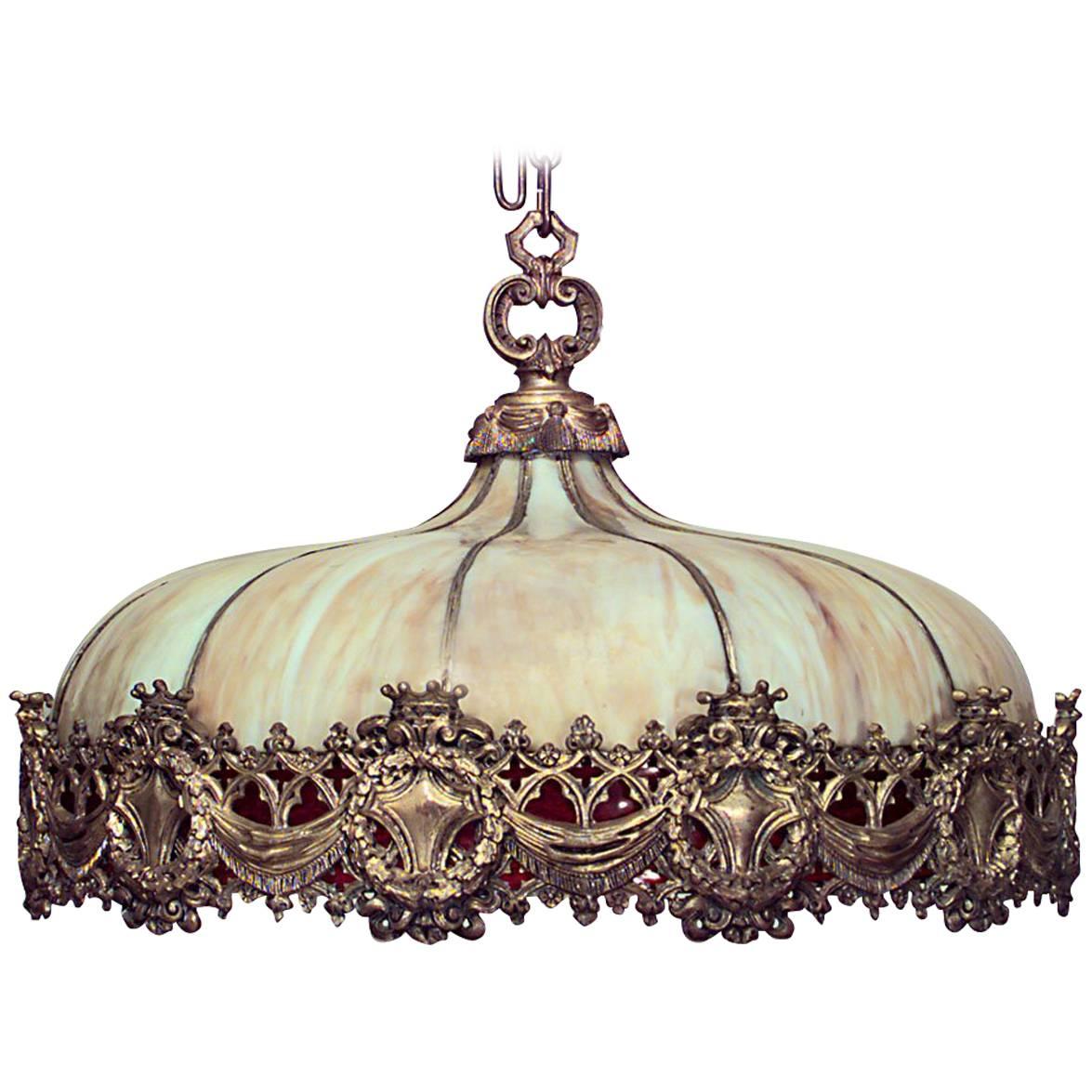 American Victorian Leaded Glass and Bronze Chandelier