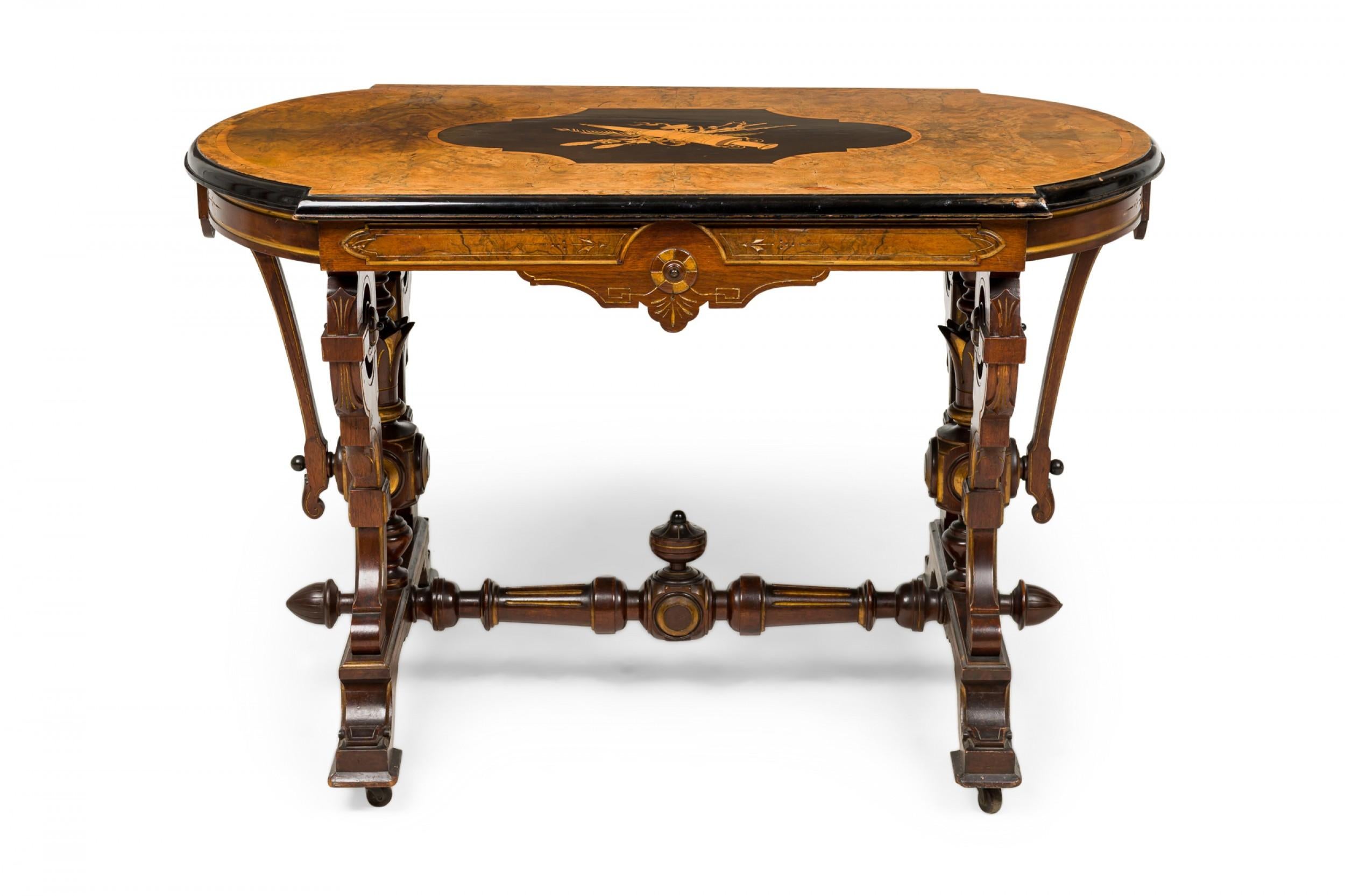 American Victorian Mahogany Inlaid Center Table with Elaborate Scrollwork In Good Condition For Sale In New York, NY